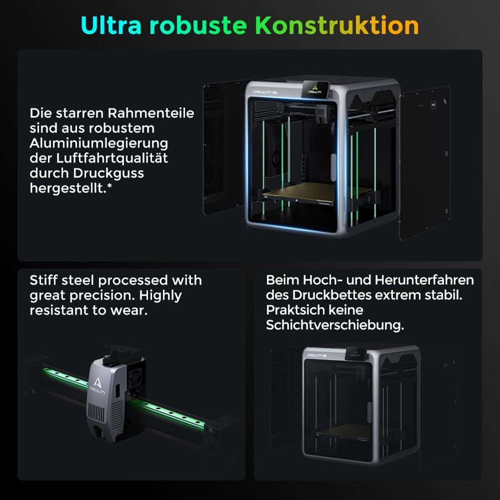 Construcción robusta con vistas detalladas de impresora 3D y texto.