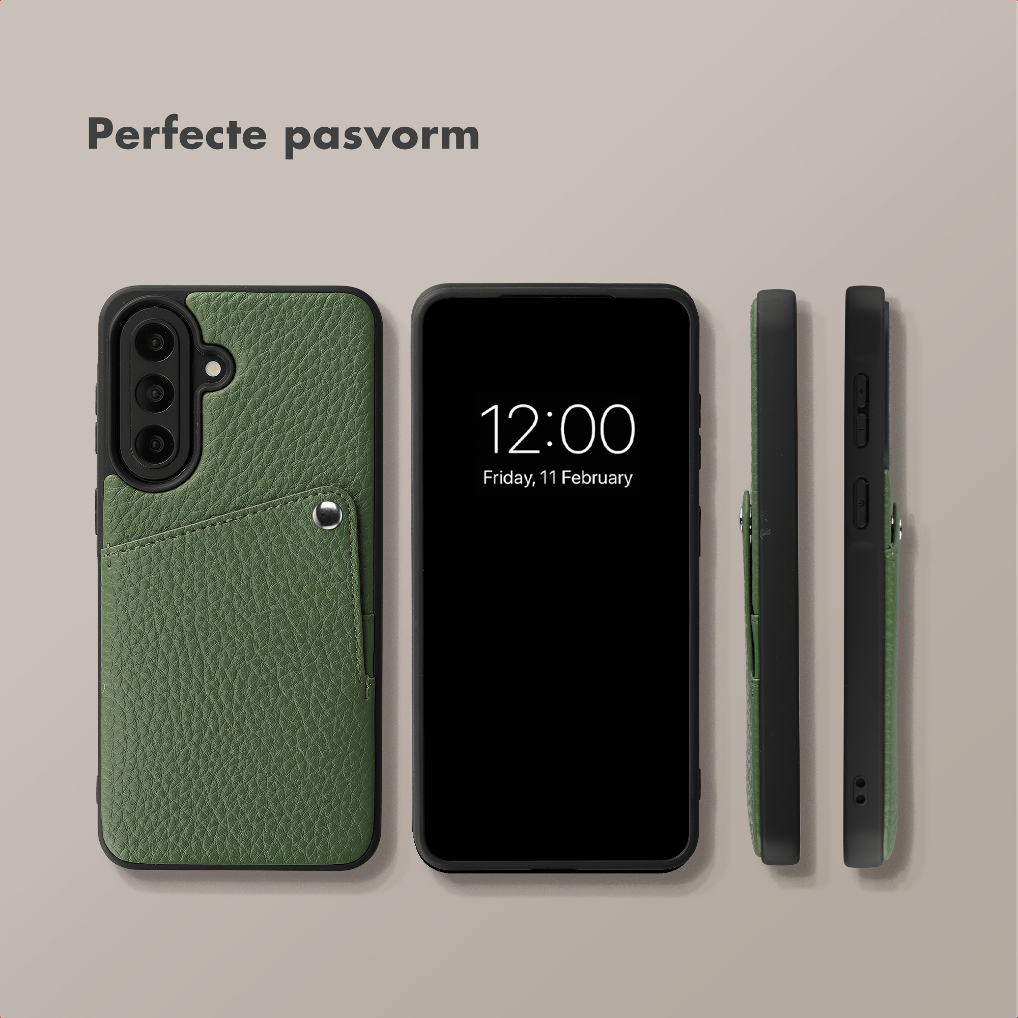 Grüne Lederhülle mit Kartenfach neben einem Smartphone mit schwarzem Bildschirm.