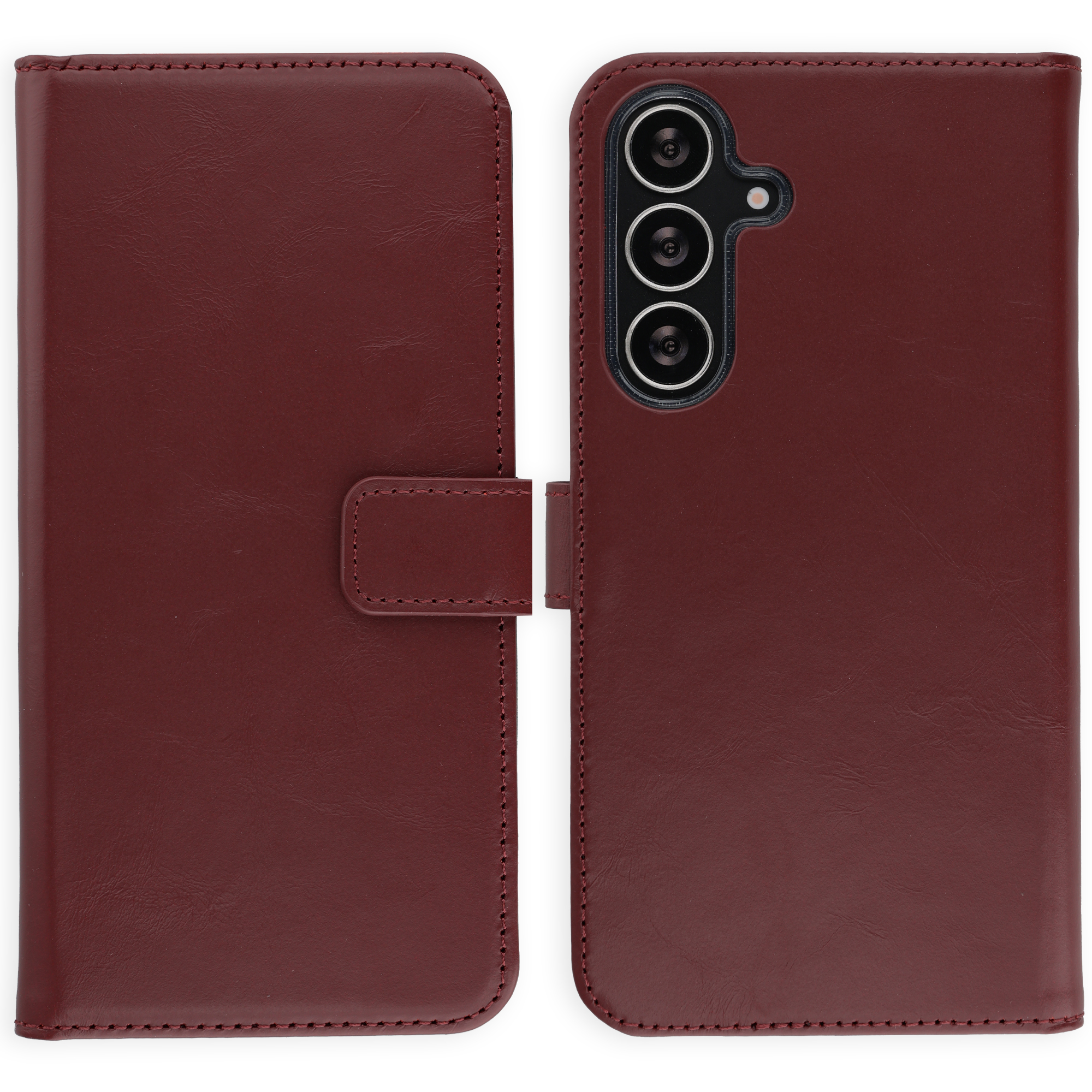 Een donkerrode leren telefoonhoes, gesloten en open getoond, met camera's aan de achterkant.