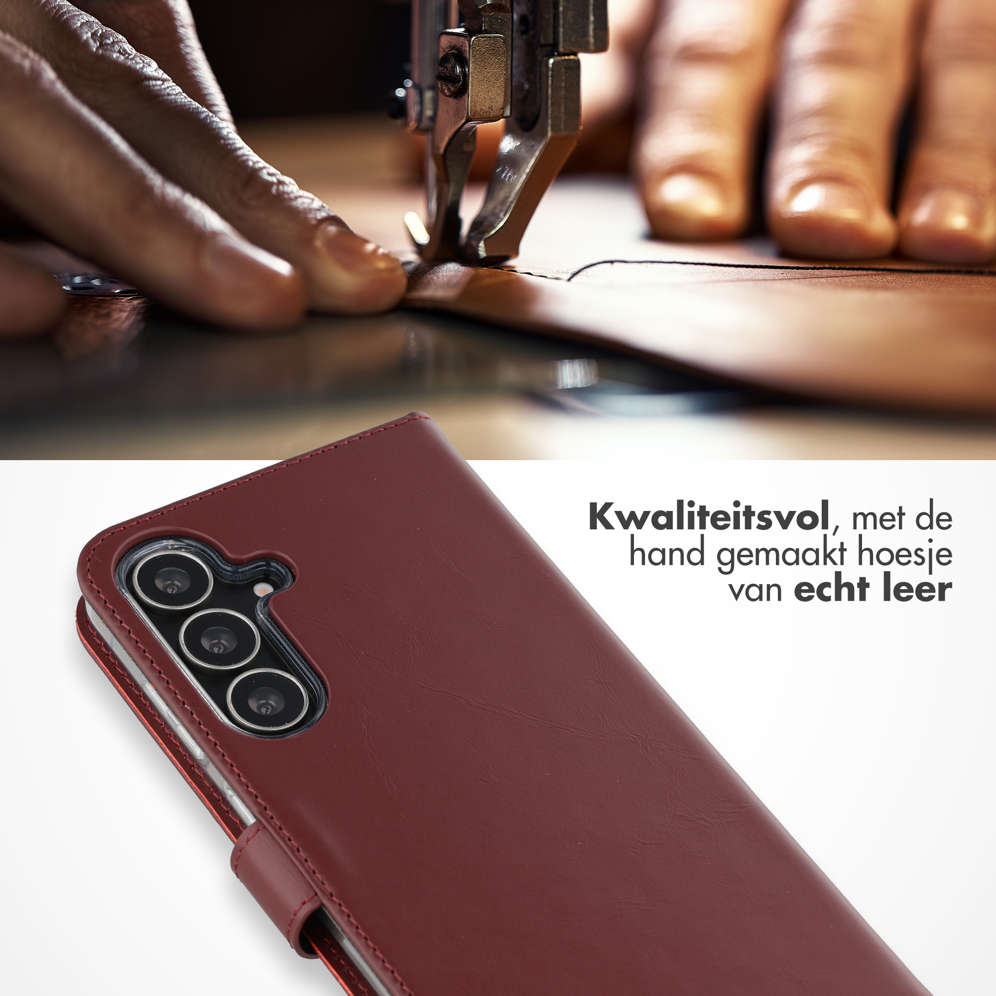 Handen naaien leer met naaimachine. Rode leren telefoonhoes in focus.