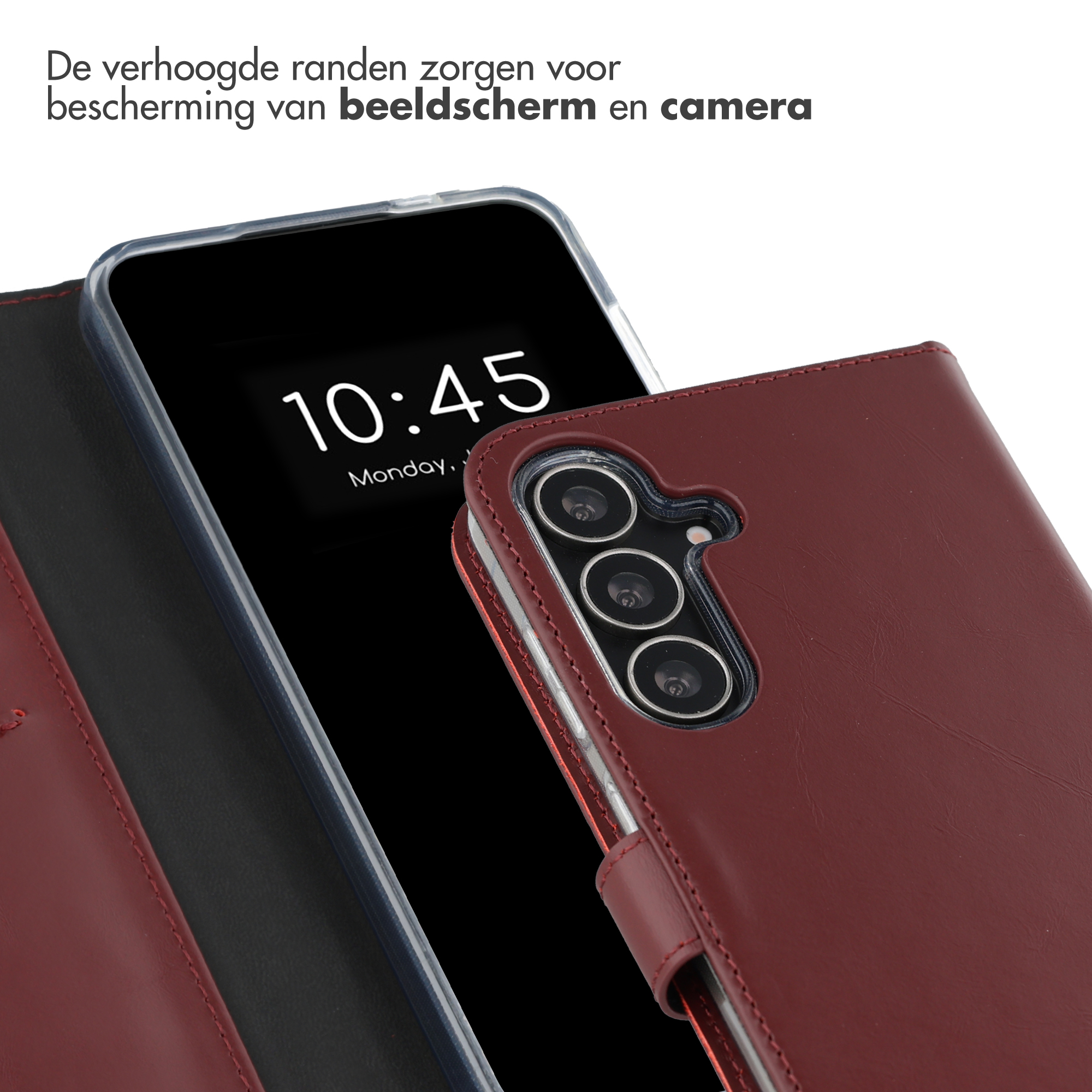 Een rode leren telefoonhoes met camera-uitsparing en zichtbaar scherm.