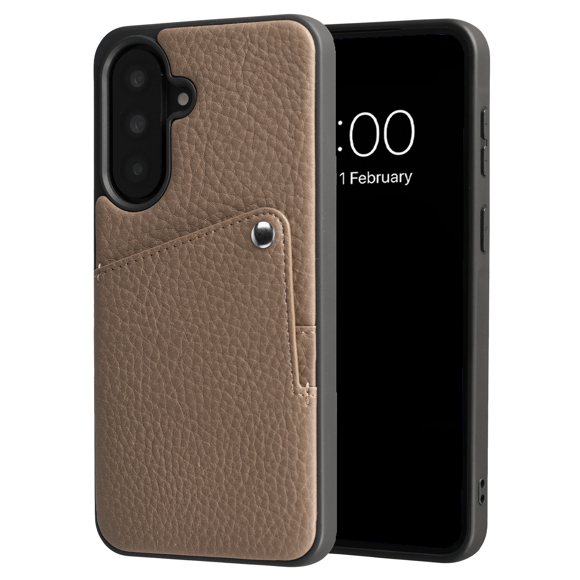 Braune Ledertasche mit Kartenfach für ein Smartphone mit schwarzem Bildschirm und Datum.