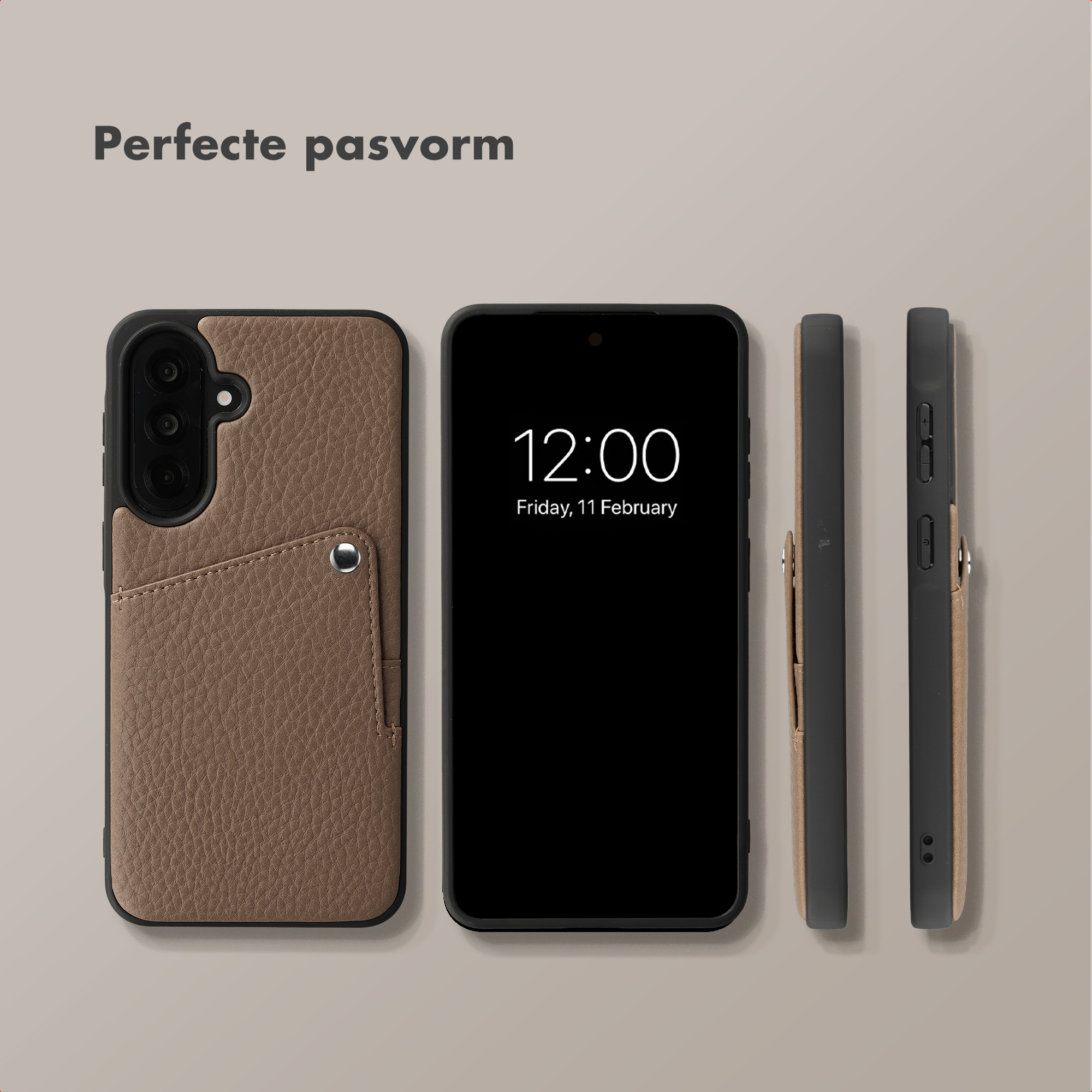 Braune Ledertasche für ein Smartphone, mit Kartenfach und Kameraschutz.