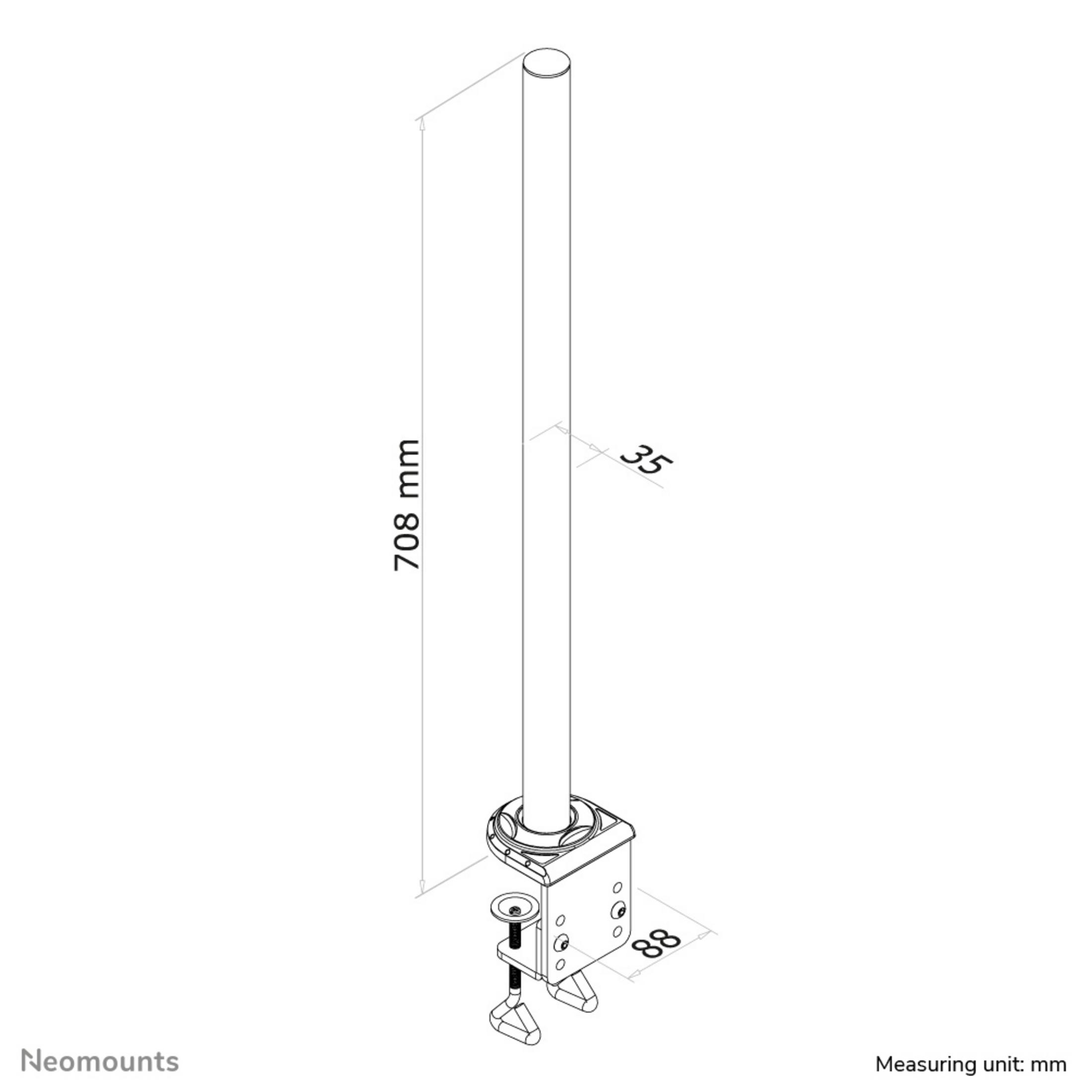 Dessin technique d'une tige avec pince, dimensions 708x35x88 mm.
