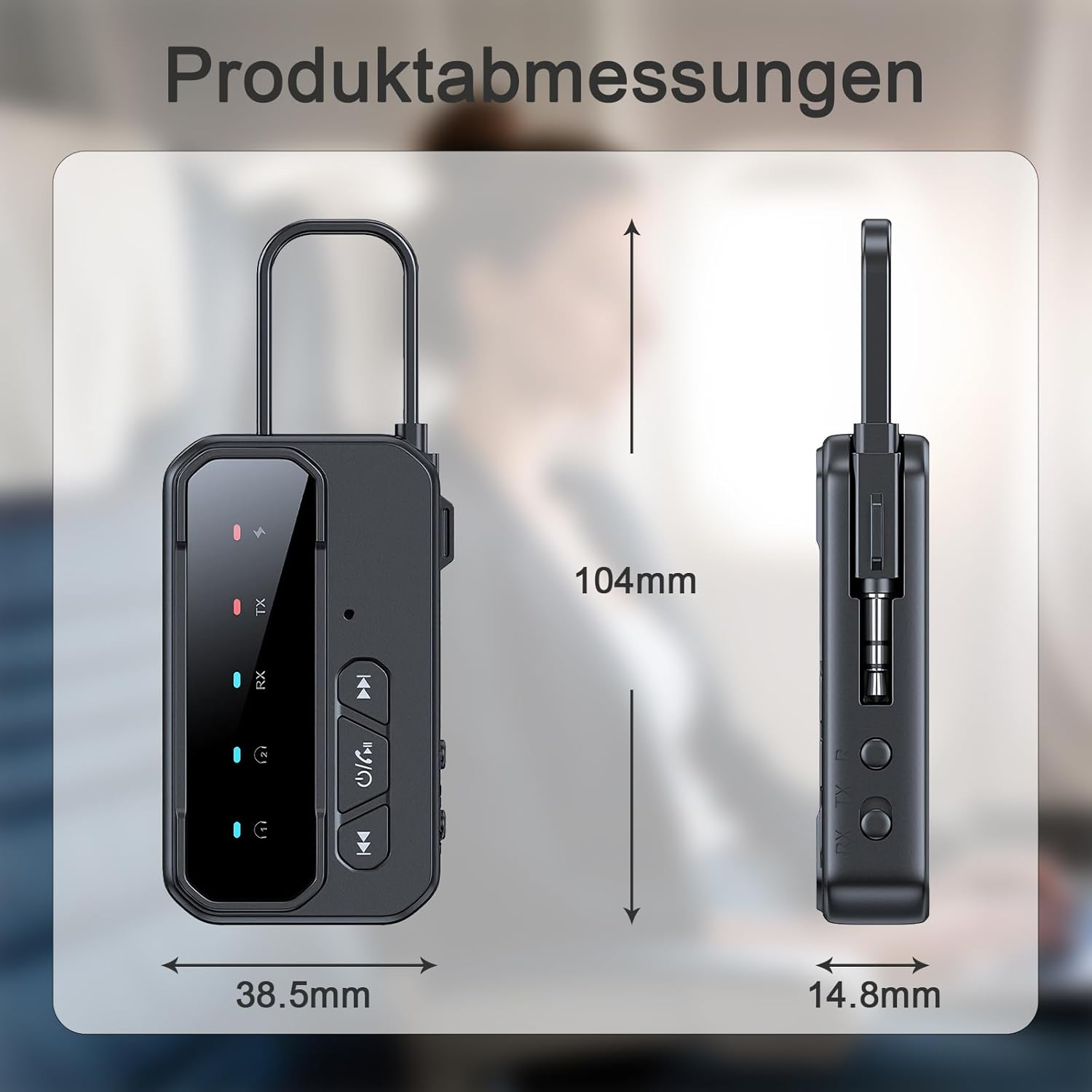Schwarzes Audiogerät mit Maßen 38,5 mm x 104 mm x 14,8 mm.