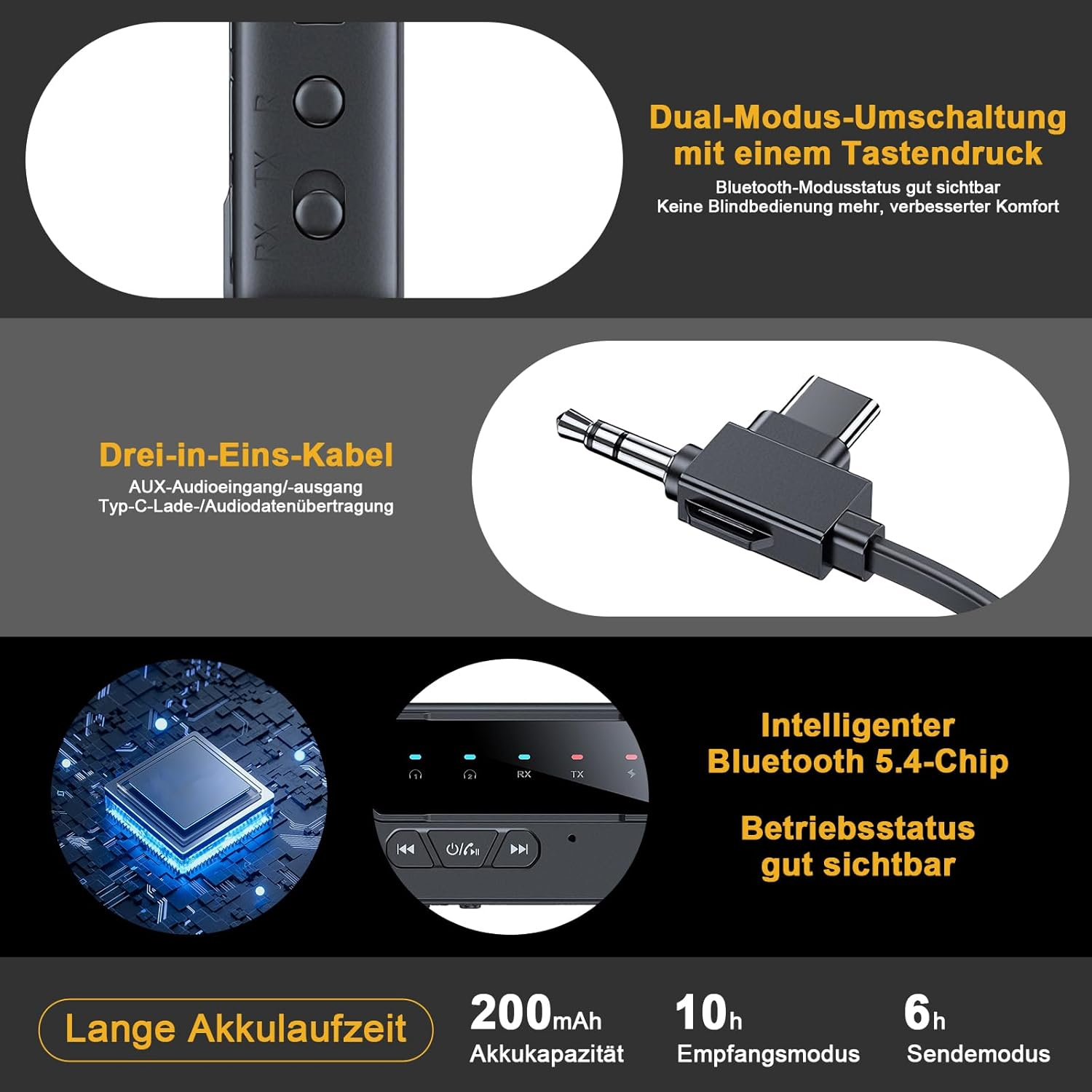 Bluetooth-Adapter mit Dual-Modus, Kabel und Chip-Details.