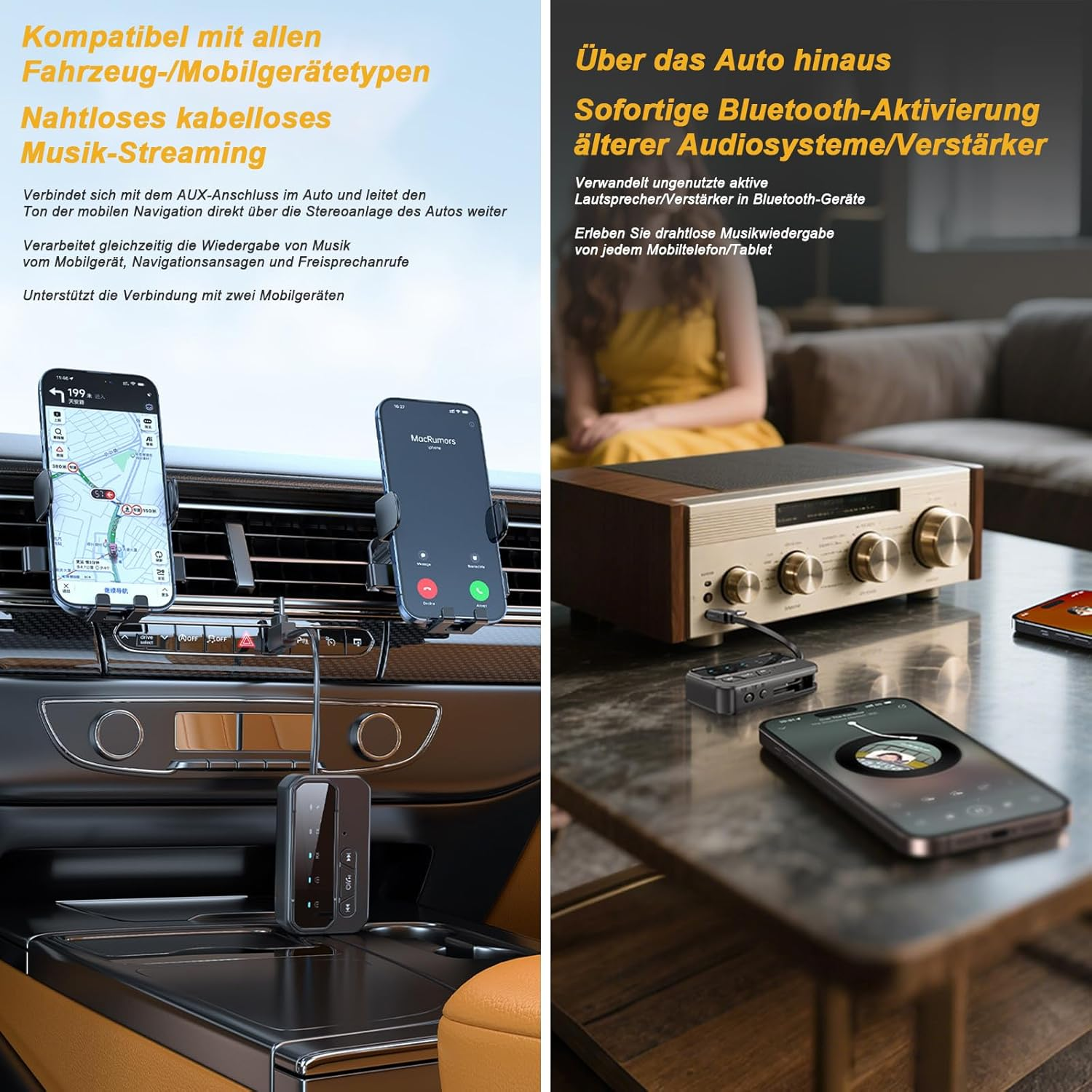 Zwei Szenen: Auto-Innenraum mit zwei Handys und Bluetooth-Adapter, und ein Verstärker mit Handy.