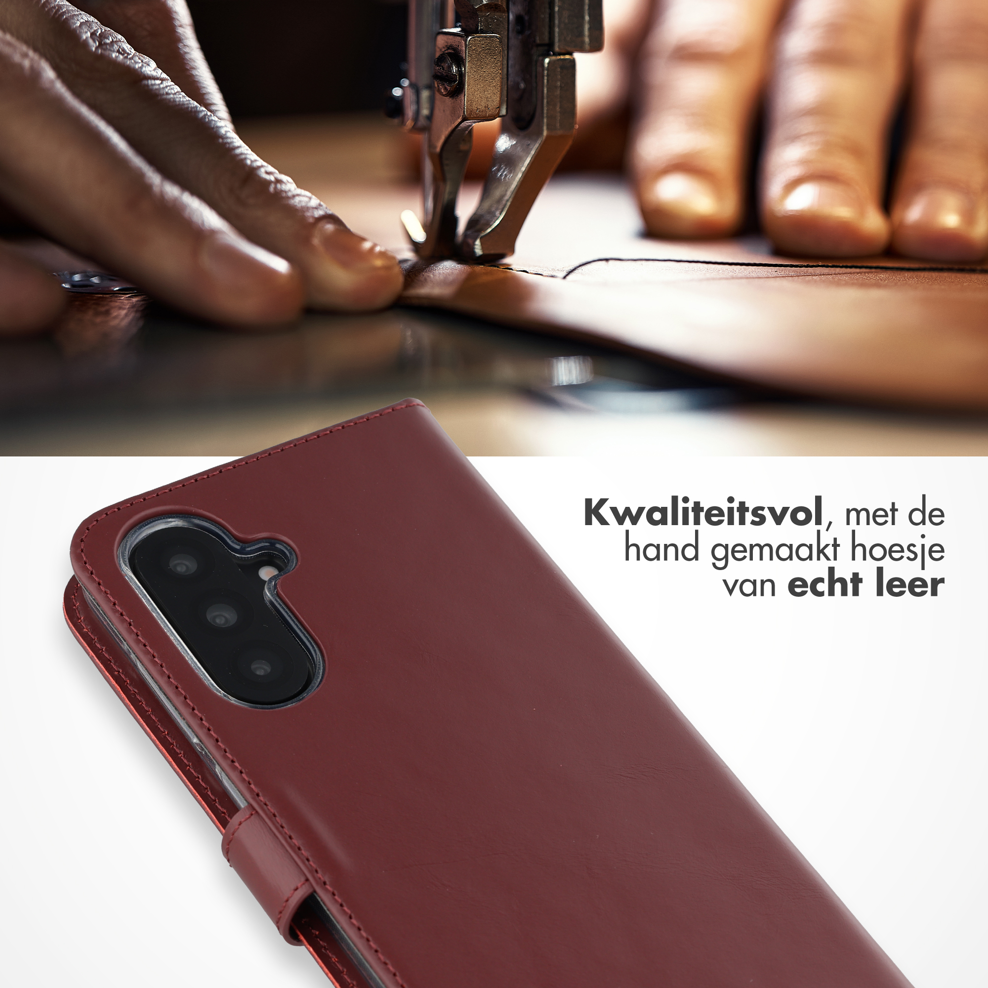 Handen naaien leer met machine, rode lederen telefoonhoes.