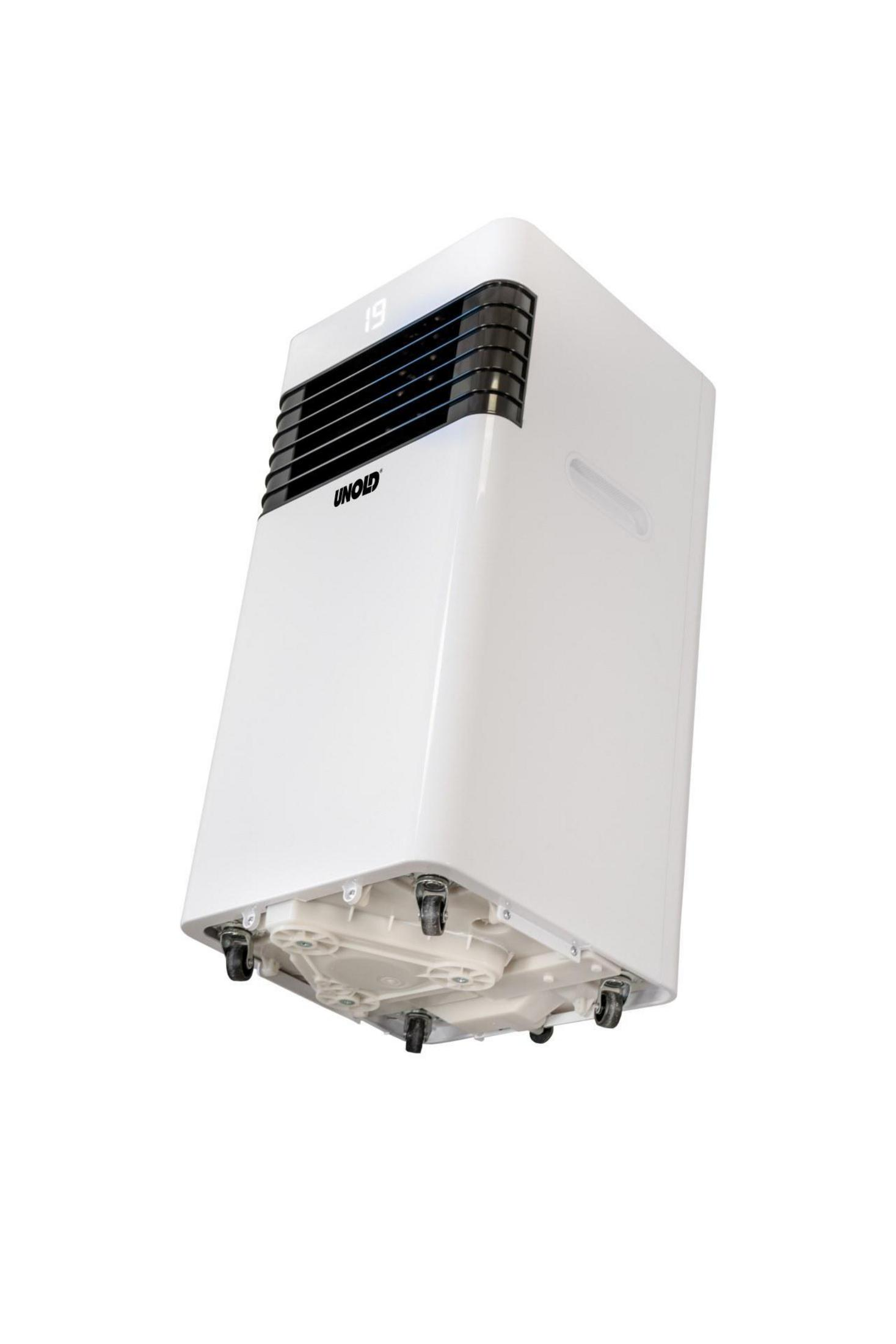 Biała, przenośna klimatyzacja na kółkach z cyfrowym wyświetlaczem.