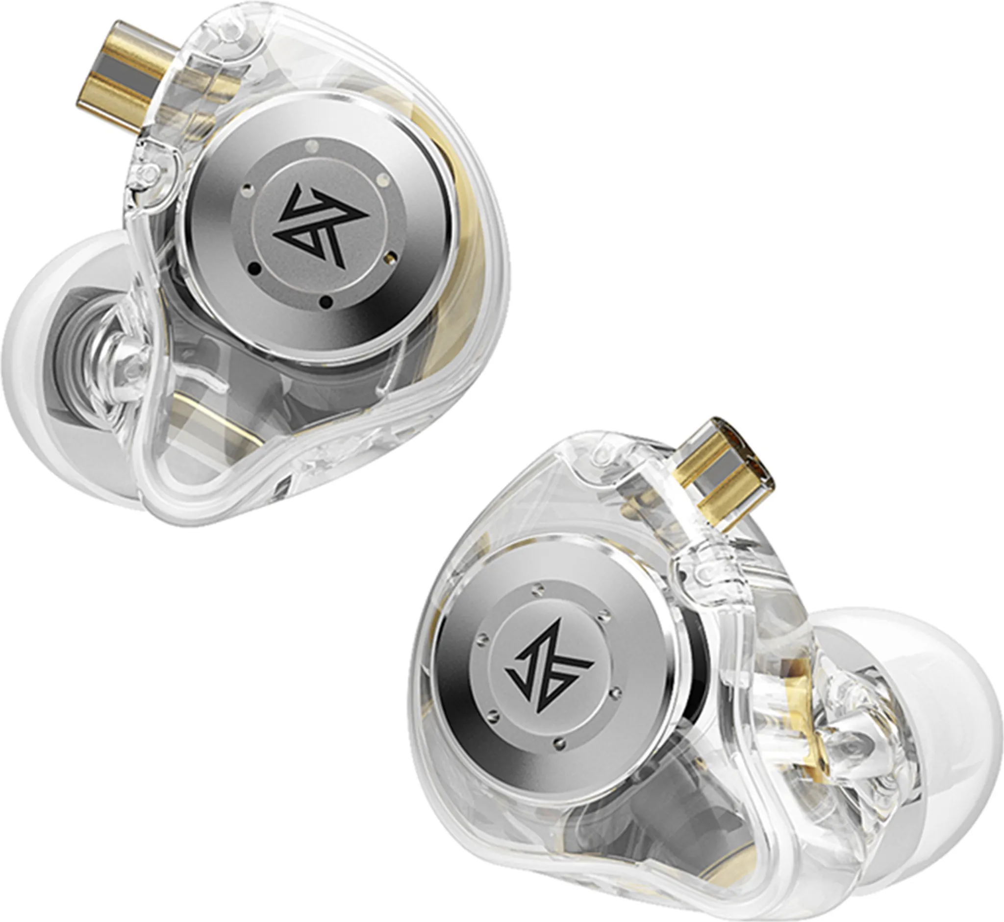 Zwei transparente Ohrhörer mit silbernen Akzenten und schwarzen Logos, weißer Hintergrund.