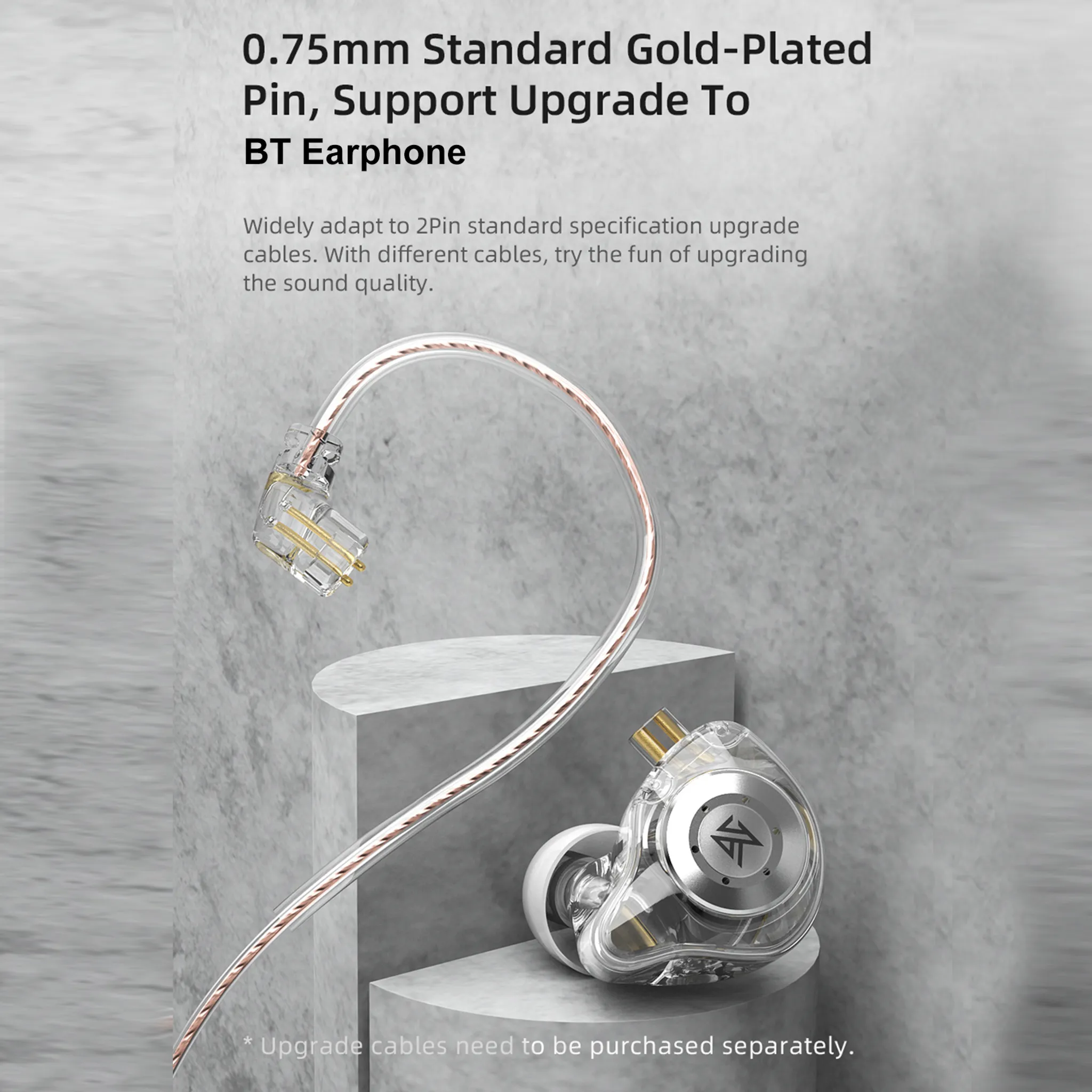 Transparente Ohrhörer mit 0,75mm Goldstecker und Kabel auf grauen Podesten.