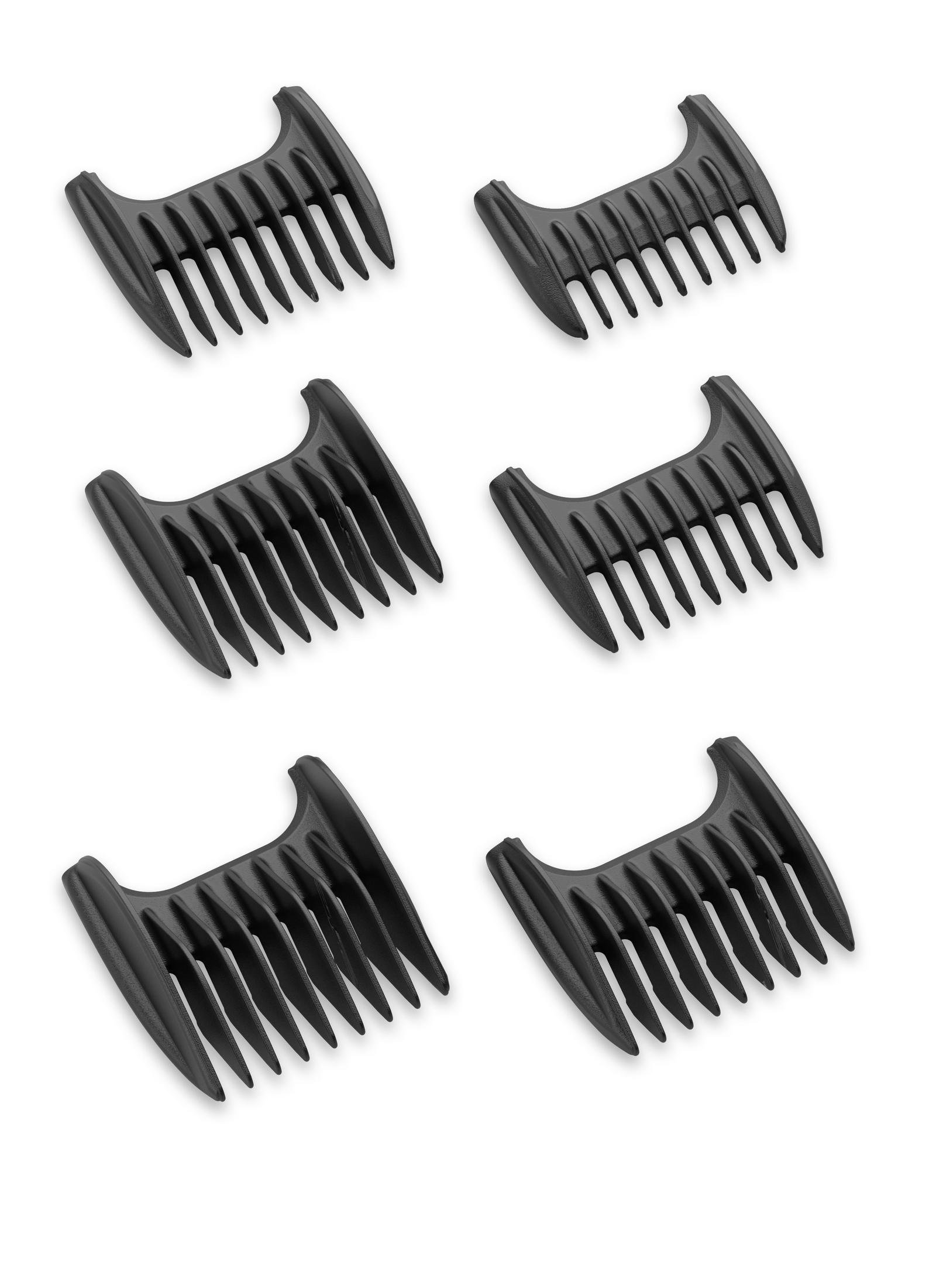Sechs schwarze Haarschneidekämme auf weißem Hintergrund.