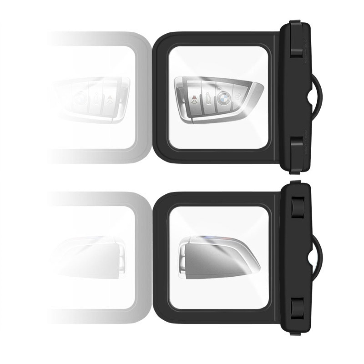 Cornice nera mostra chiave auto BMW e alloggiamento specchio.