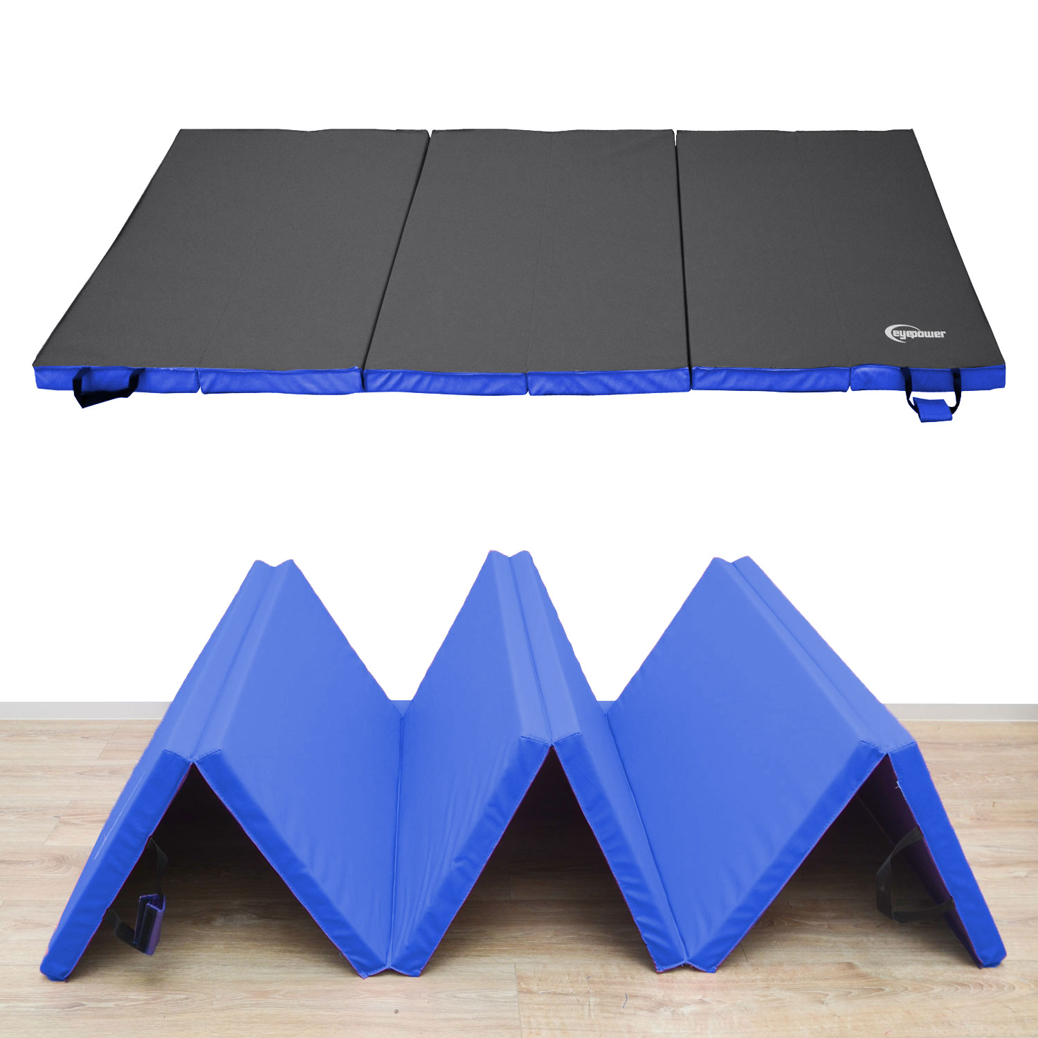 Eine blaue und graue Gymnastikmatte, flach und gefaltet, auf Holzboden.