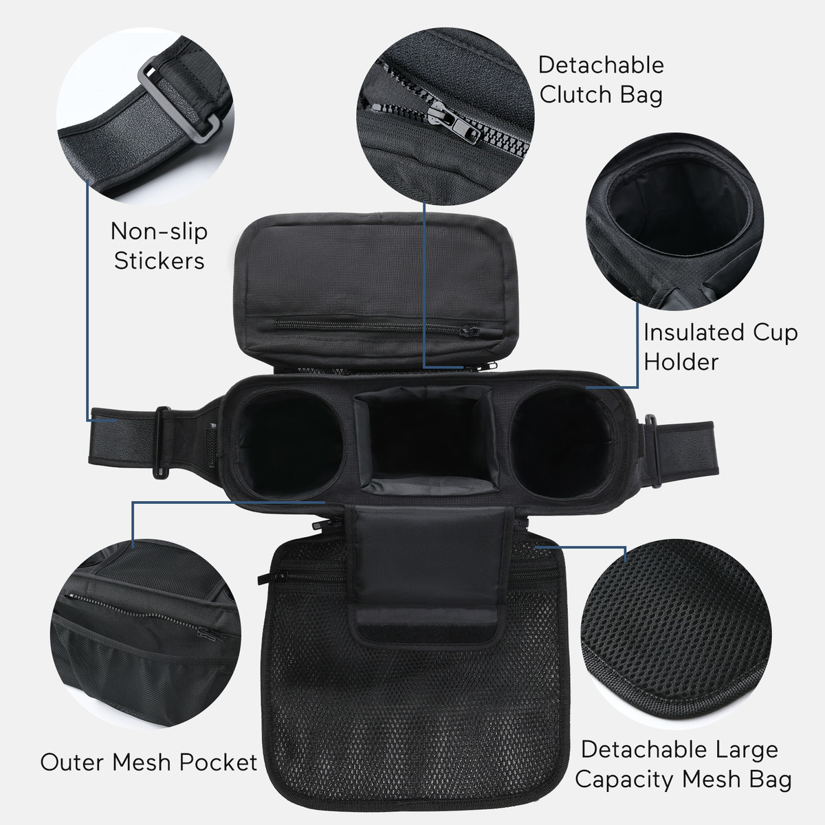Organizzatore nero per passeggino con scomparti, portabicchieri e tasche.