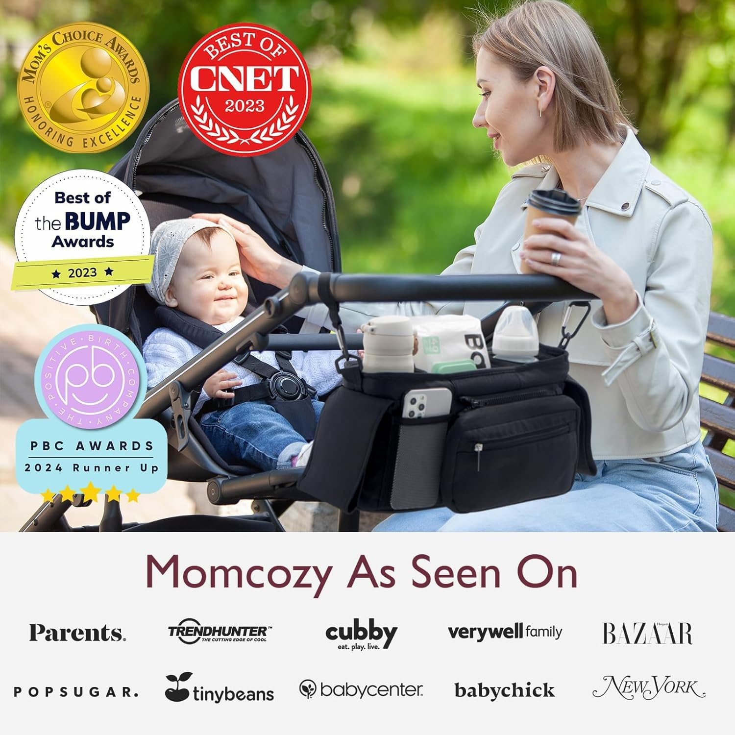Mamma con bambino nel passeggino, premi e loghi Momcozy