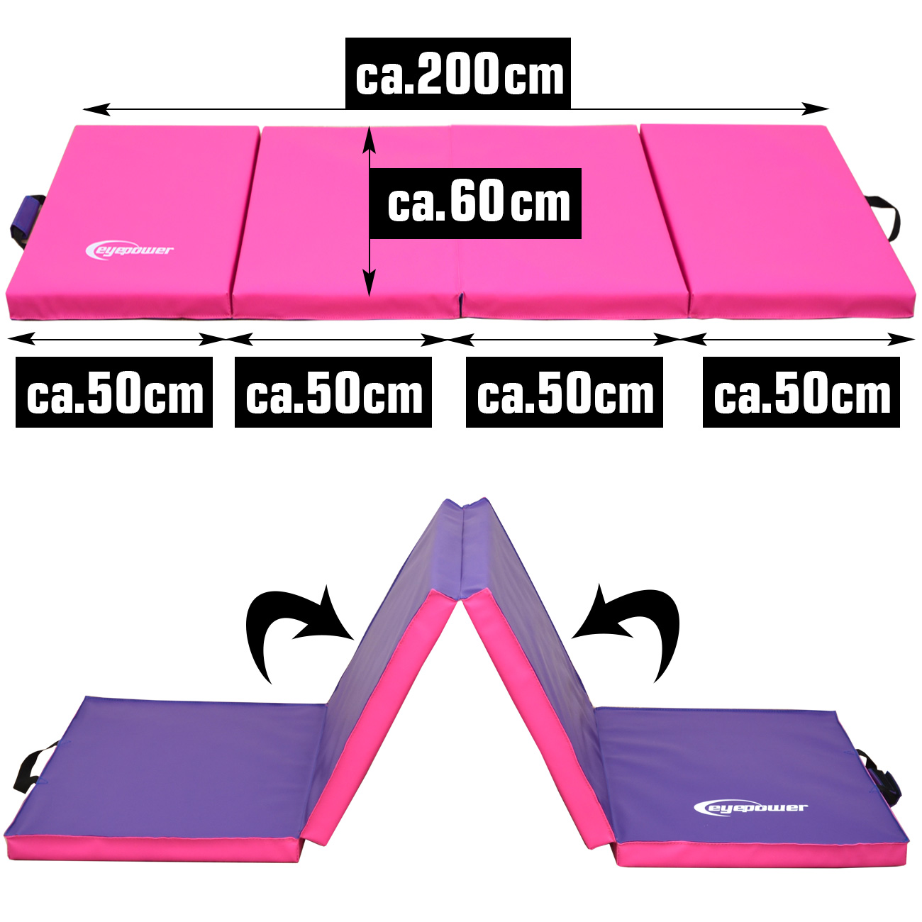 Eine pinke und violette Gymnastikmatte, 200x60cm, aufklappbar.
