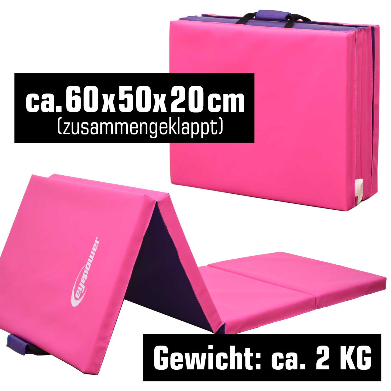 Zusammenklappbare Matte, pink und lila, mit Griffen. Maße: 60x50x20 cm. Gewicht: 2 kg.