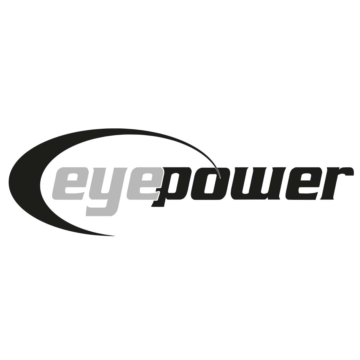 Schwarz-graues Logo mit dem Text "eyepower" und einem geschwungenen Element.