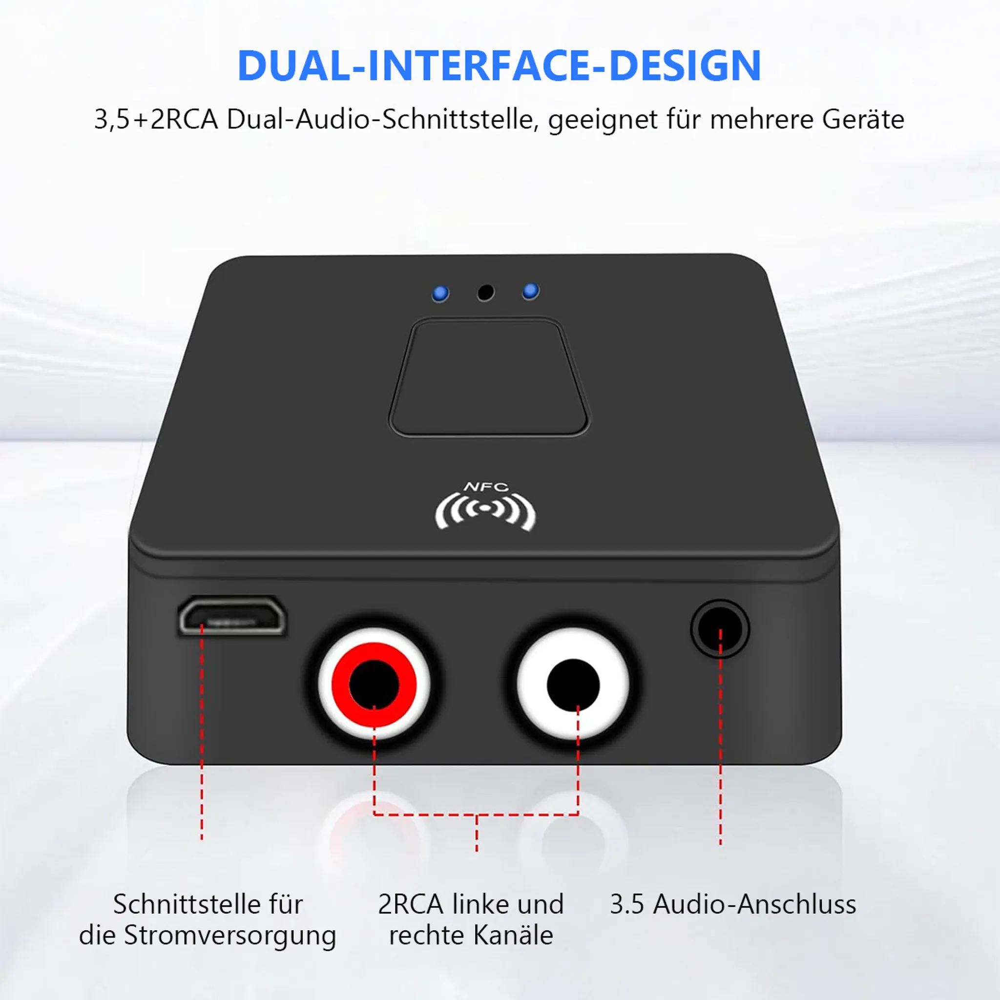 Schwarzer Audioempfänger mit NFC, Stromversorgung, 2x RCA und 3,5mm Anschluss.