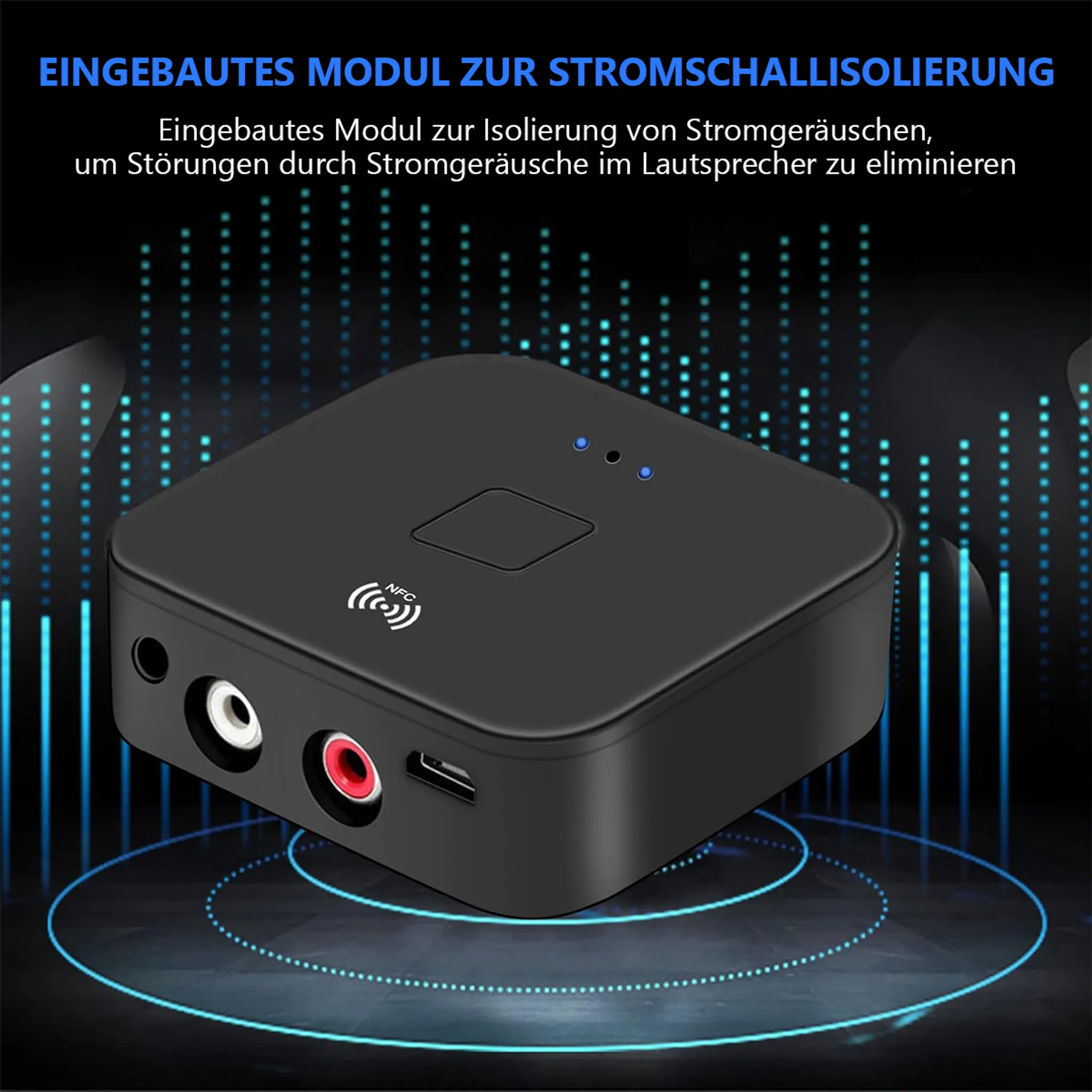 Schwarzes Audiomodul mit NFC und Anschlüssen, mit blauen Lichteffekten.