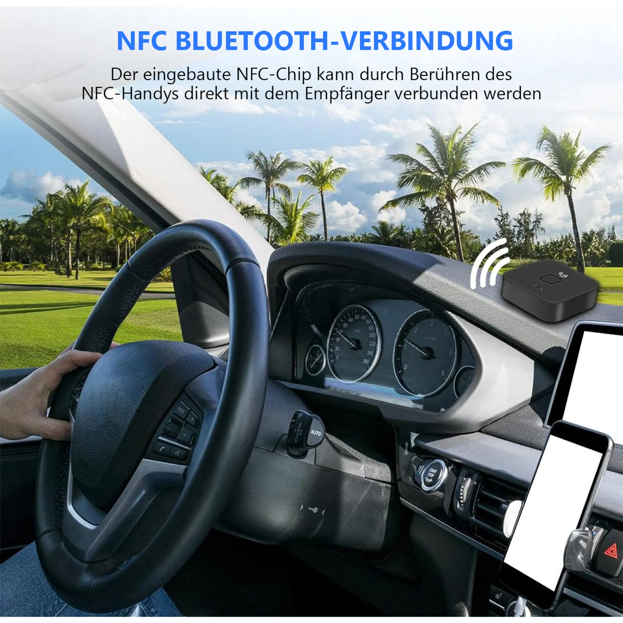Ein schwarzer NFC-Bluetooth-Empfänger auf dem Armaturenbrett eines Autos.