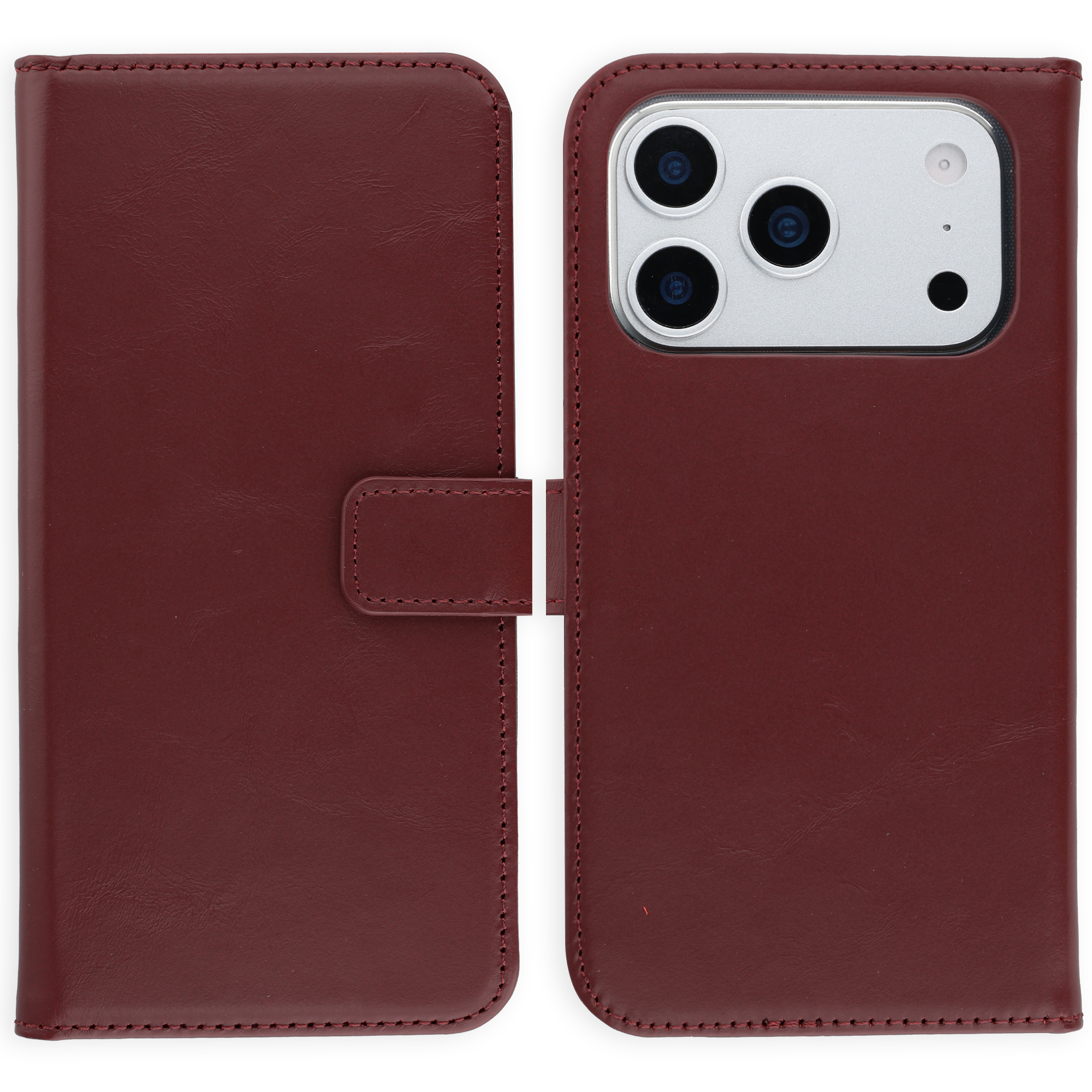 Een donkerrode leren flipcase voor een smartphone, met cameramodule.