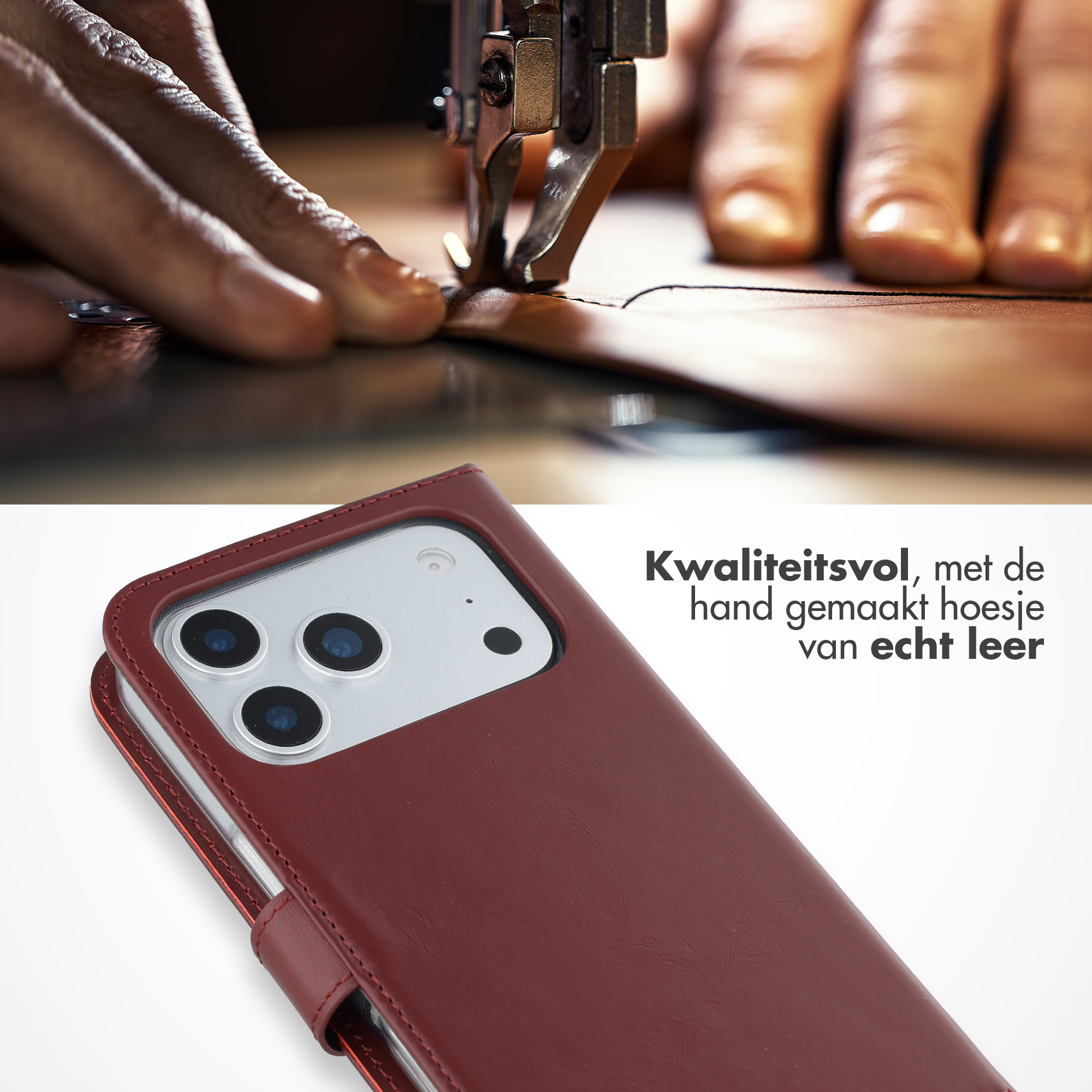 Handen naaien leer met naaimachine; rode telefoonhoes met camera's