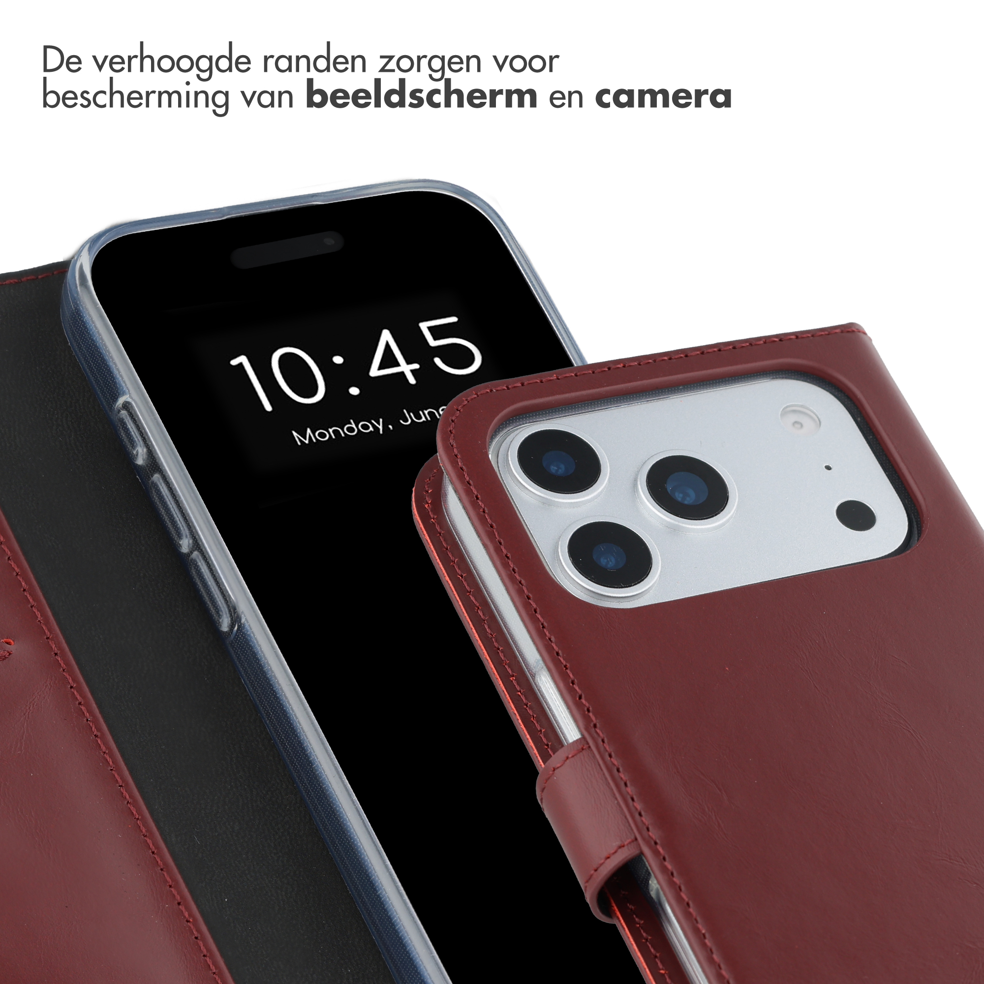 Een rood leren etui beschermt een smartphone die 10:45 weergeeft.