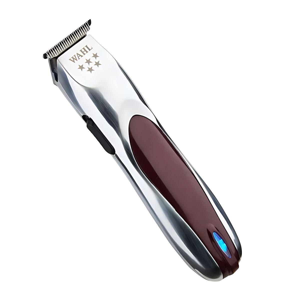 Silberner Wahl Haartrimmer mit braunem Griff und blauer LED.