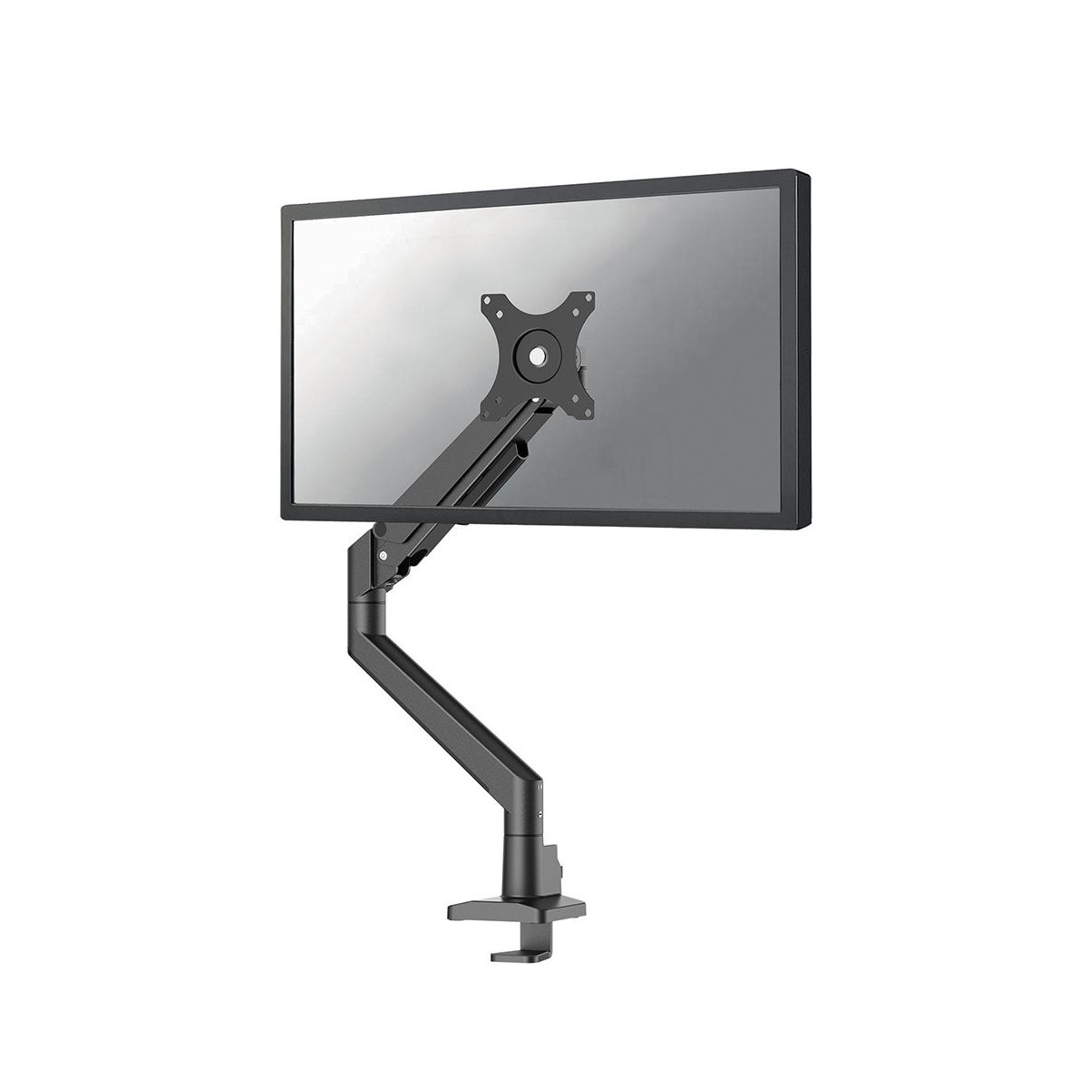 Un bras de moniteur noir avec base à pince maintient un écran plat.
