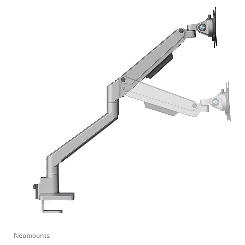 Silver dual-joint monitor arm with clamp base, on a white background.
