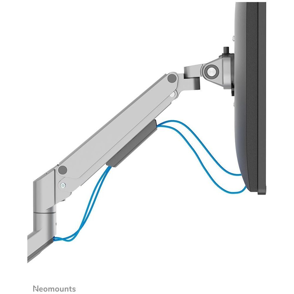 Gray monitor arm with blue cables attached to a dark monitor.