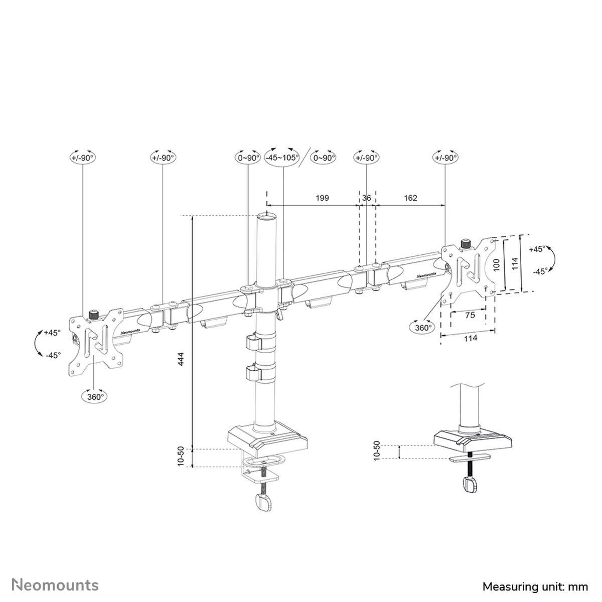 Technische tekening van een monitorarm met afmetingen en hoeken.