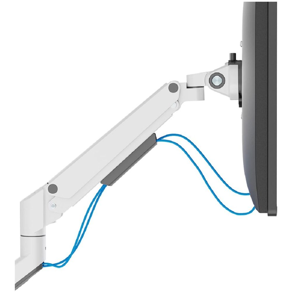 A white monitor arm with blue cables attached to a monitor.