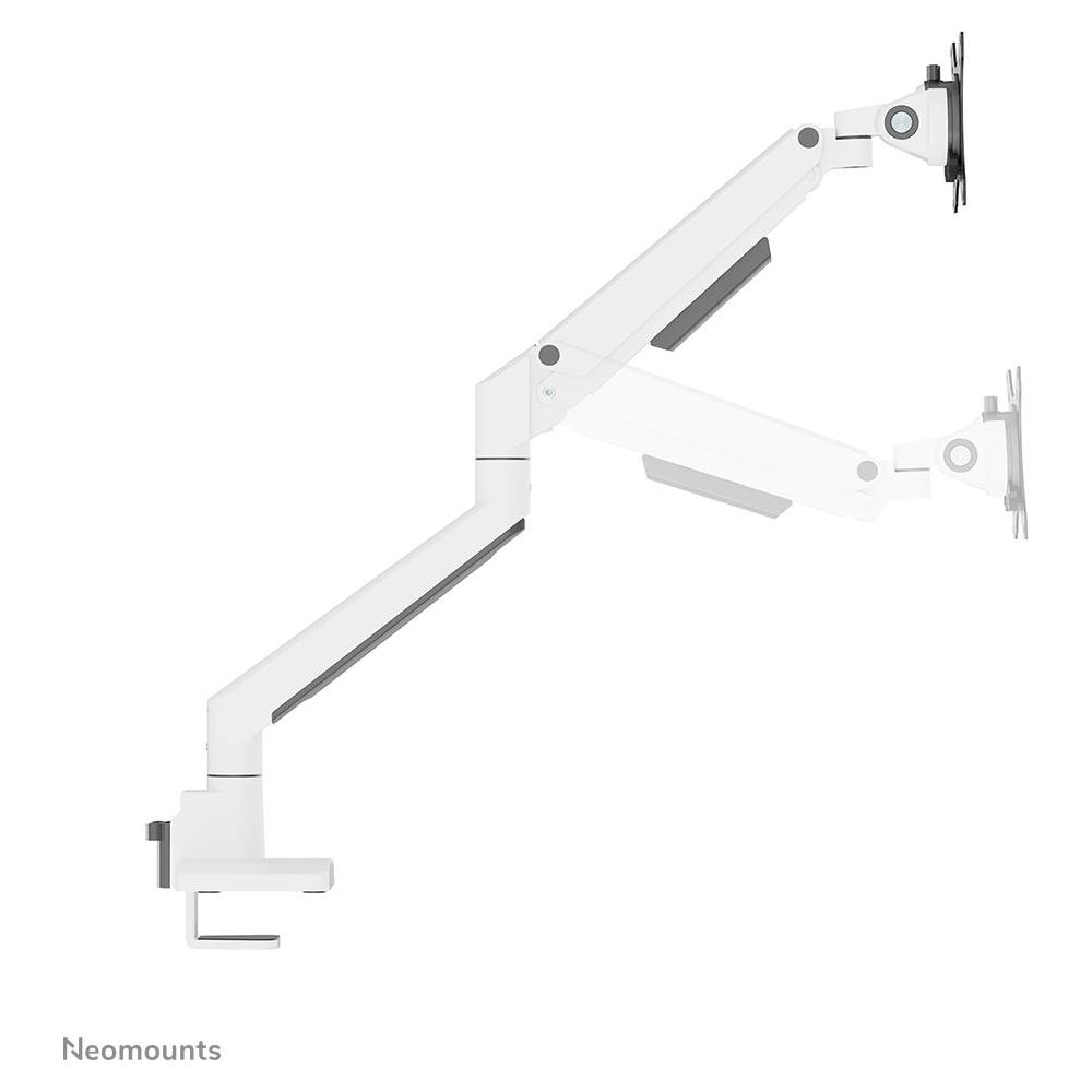 A white dual-arm monitor mount clamped to a desk, shown in multiple positions.