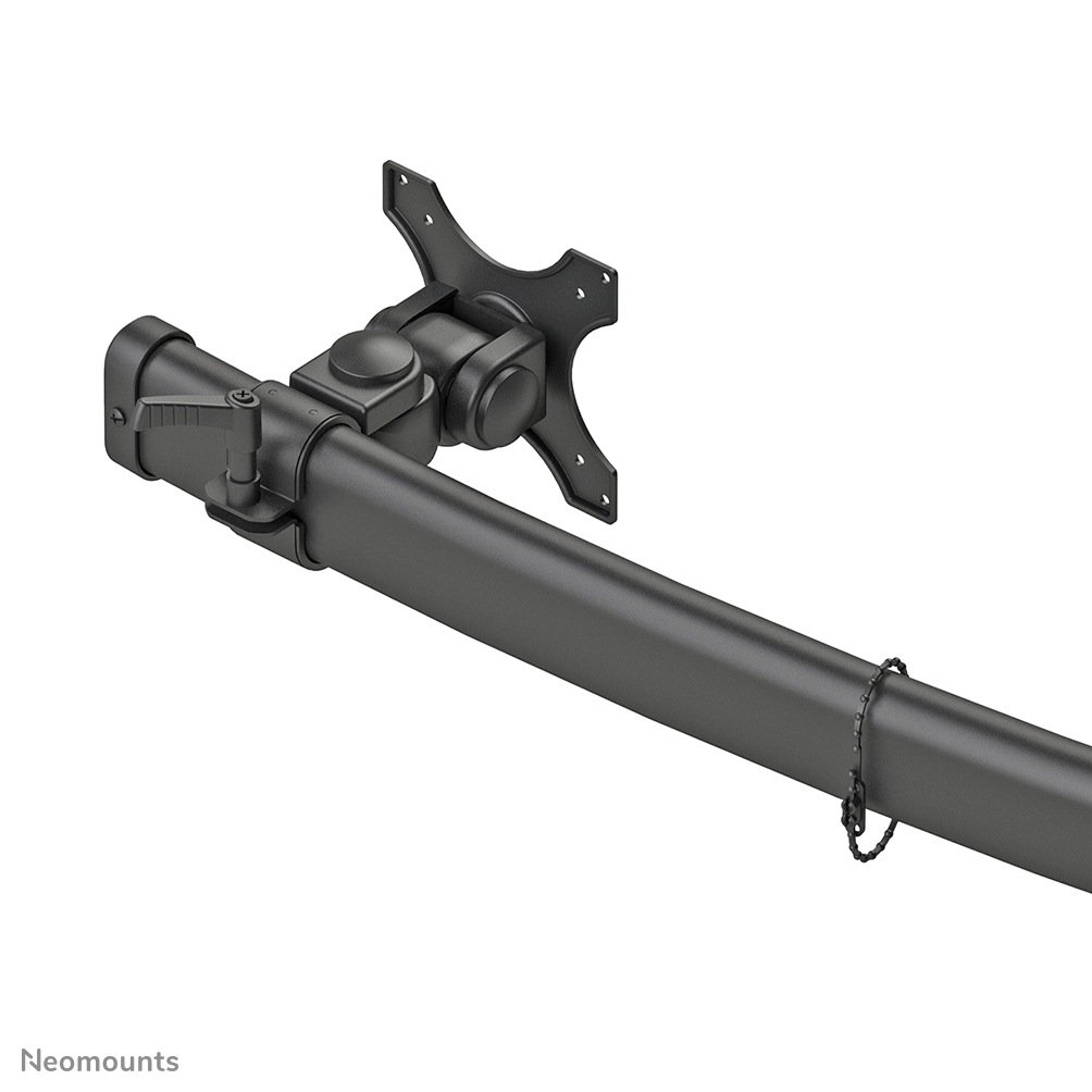 Een zwarte monitorarm met scharnieren en een montagebeugel.
