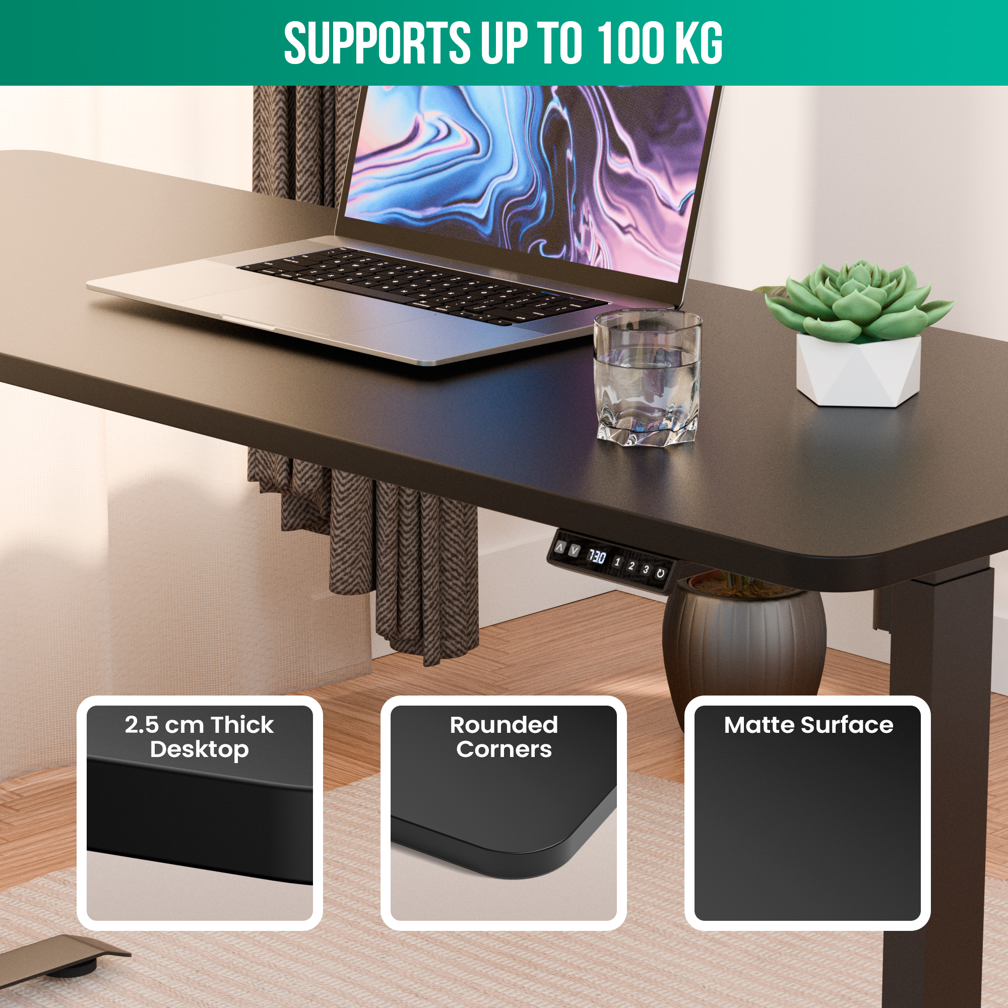 Een zwart bureau met laptop, glas water, plant, bedieningspaneel en tekstvakken.