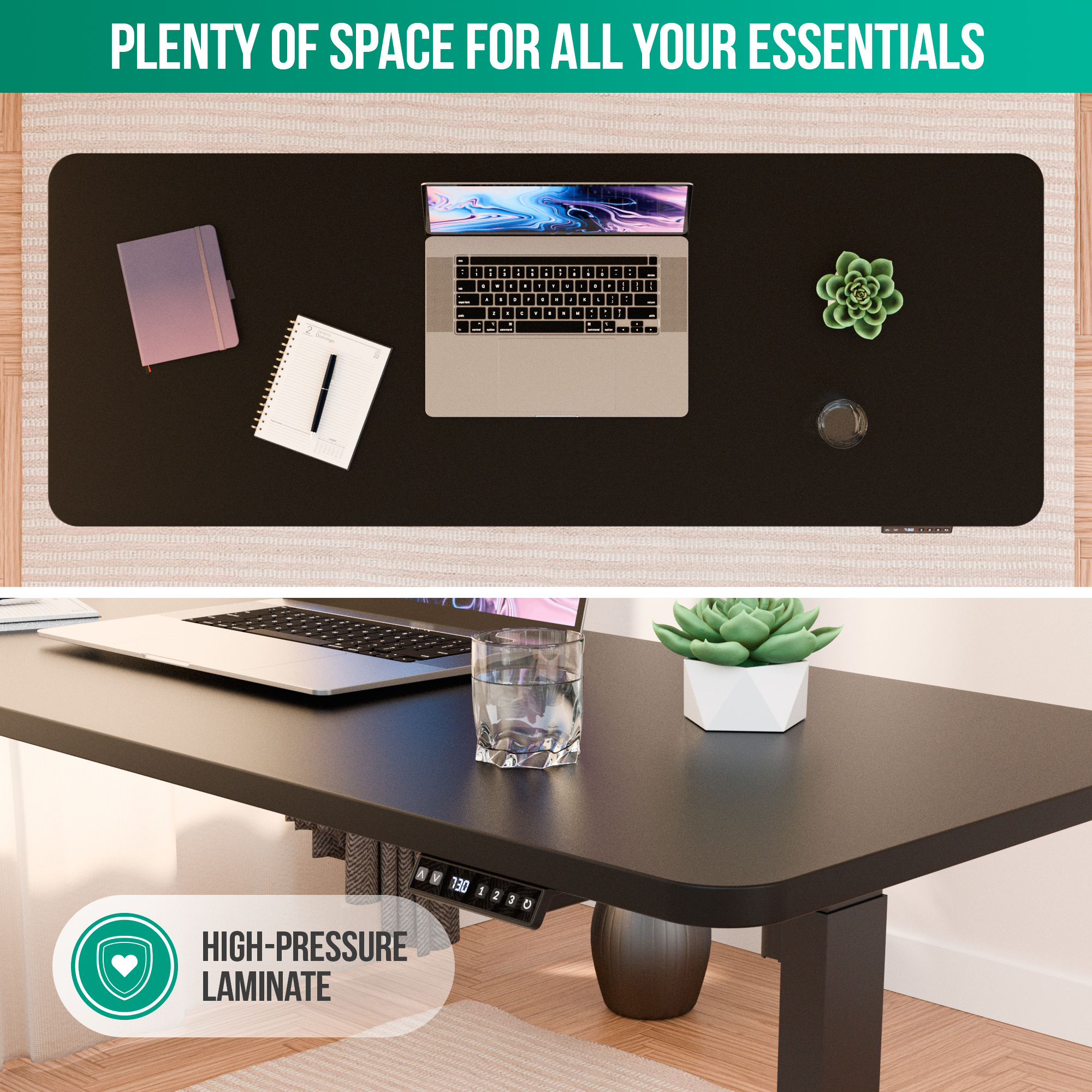 Een zwart bureau met laptop, notitieboekje, pen, vetplant en glas water.
