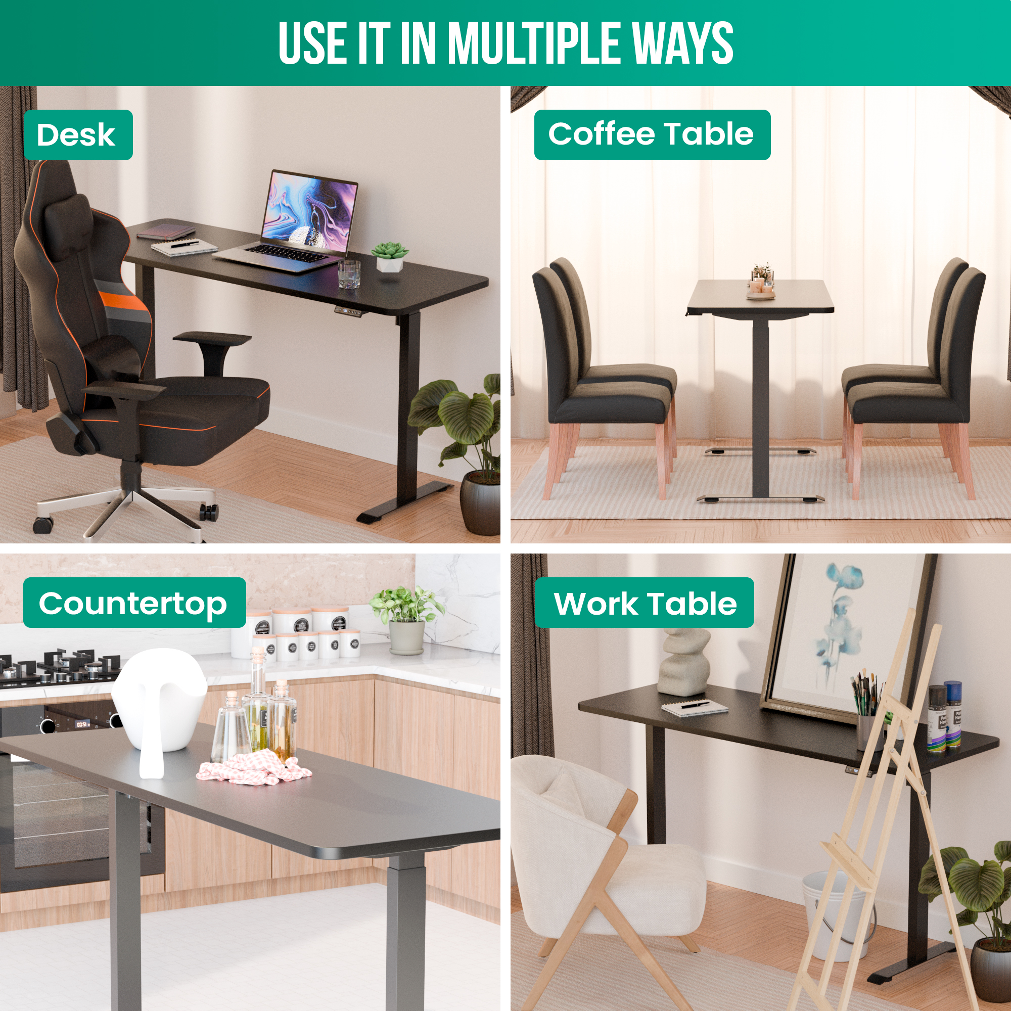 Vier opstellingen: bureau met stoel, salontafel met stoelen, keukenblad en werktafel.