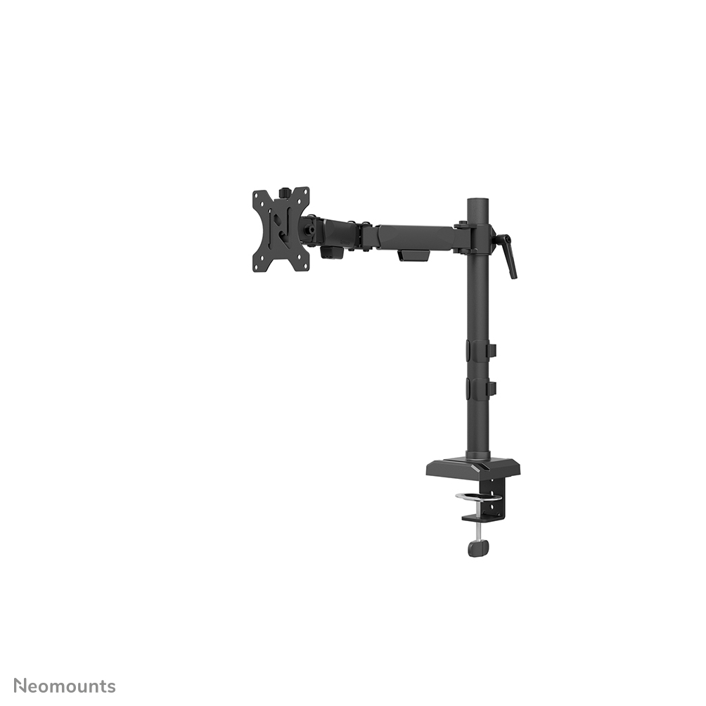 Een zwarte monitorarm met klemvoet voor bureaus, op witte achtergrond.