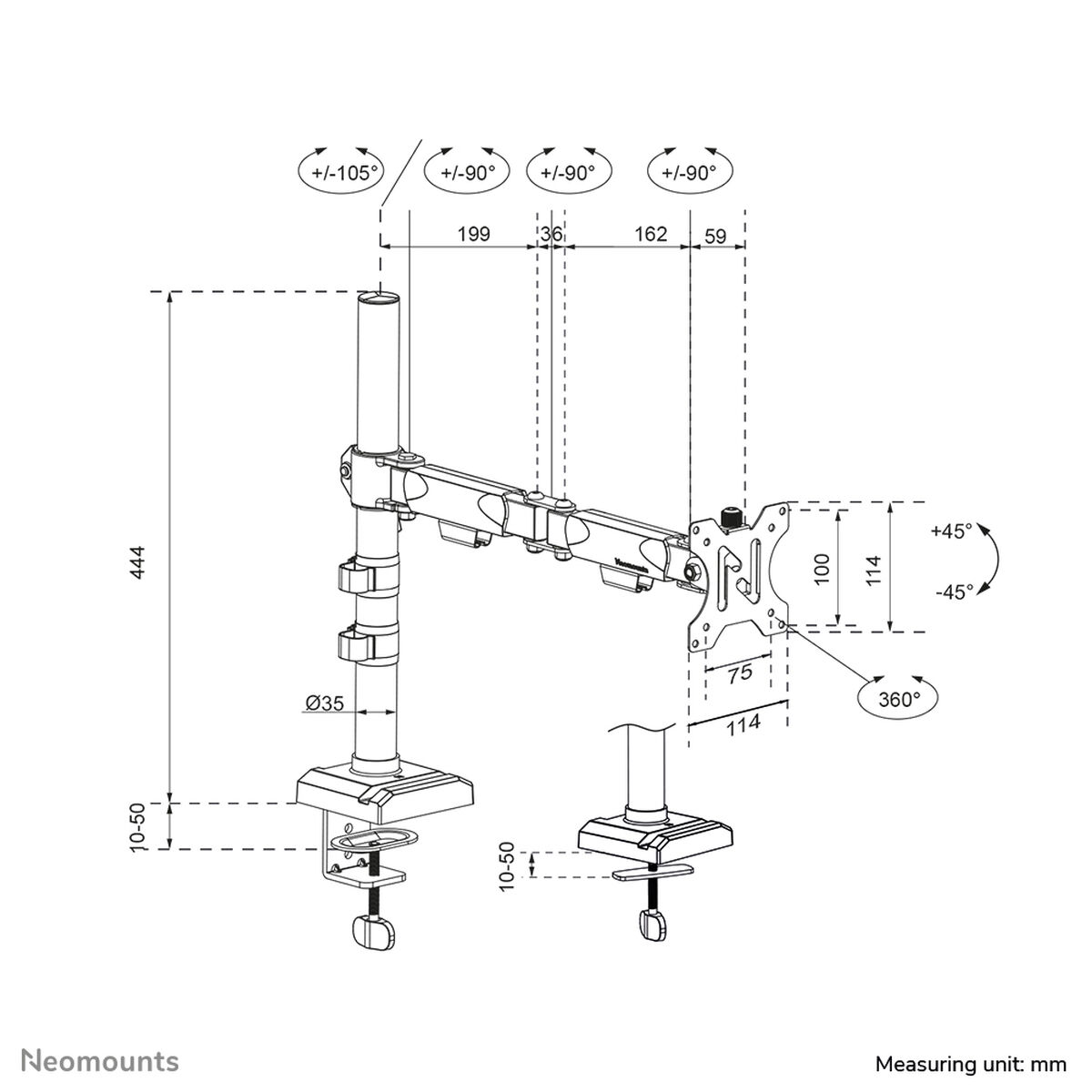 Technische tekening van een monitorarm met afmetingen en hoeken.