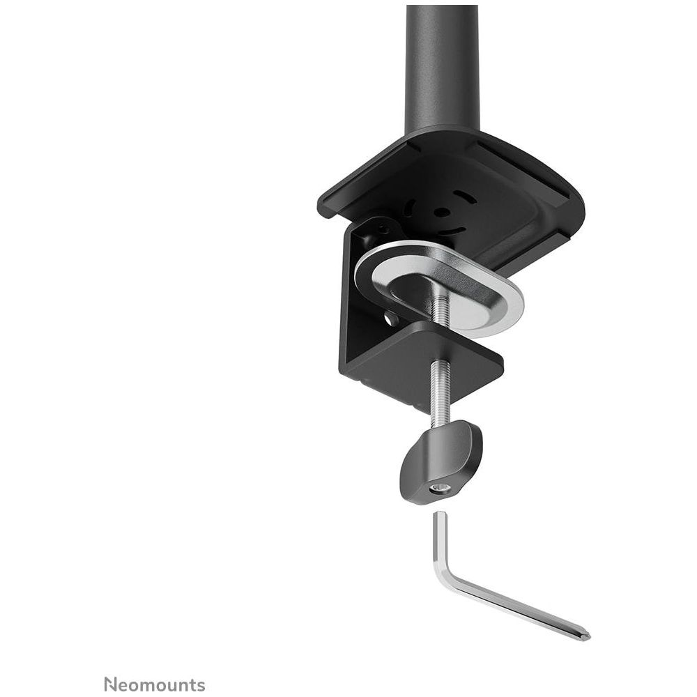Een zwarte bureauklembevestiging met een zilveren vergrendelingsmechanisme en een L-vormige inbussleutel.