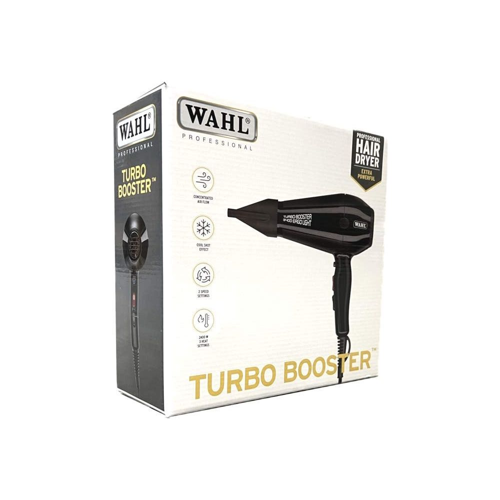 Scatola di un asciugacapelli WAHL Turbo Booster nero con dettagli.