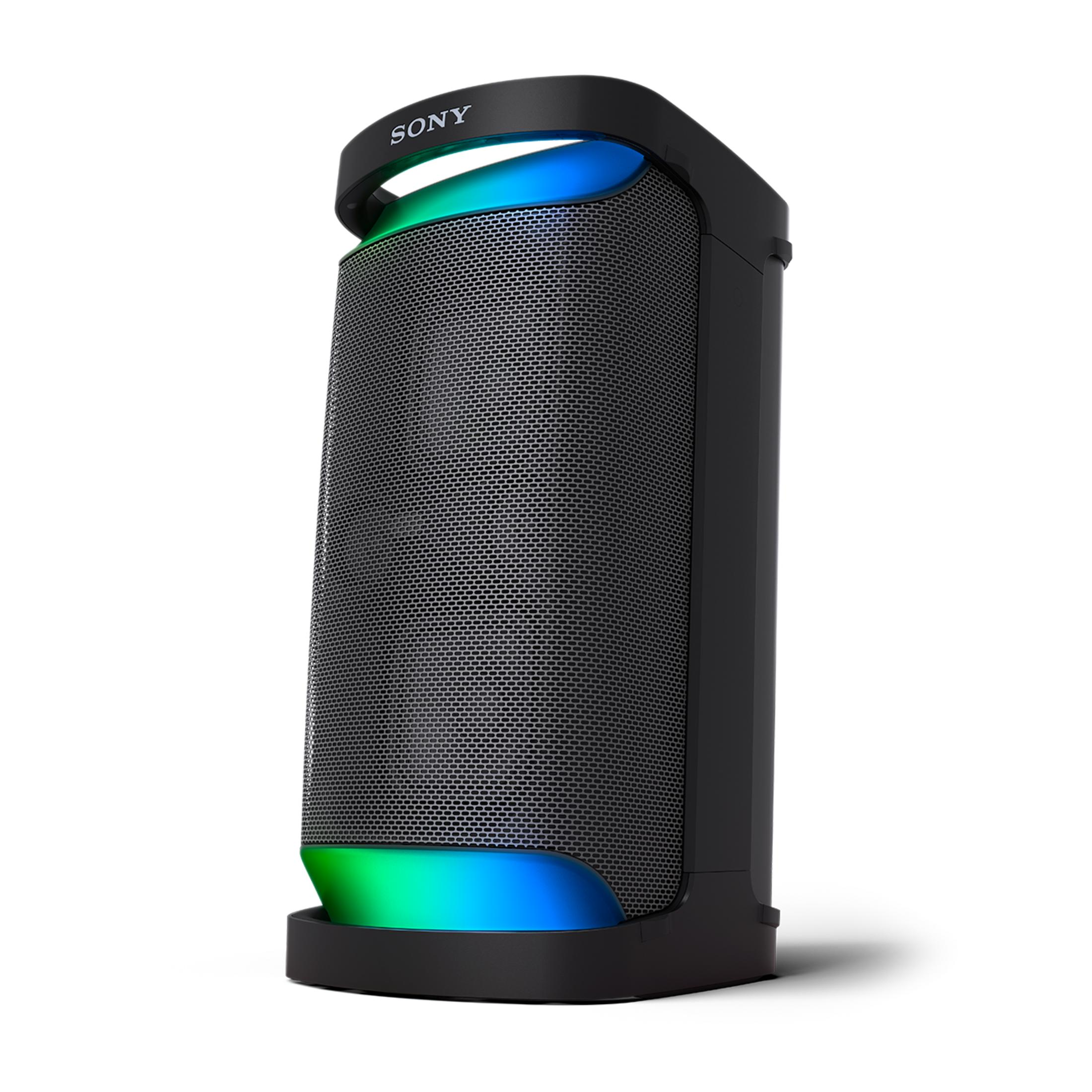 Schwarzer Sony Lautsprecher mit Gitter und blau-grünen Lichtern.