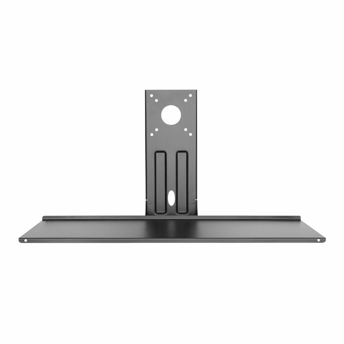 Support métallique gris avec étagère plate et poteau vertical percé.