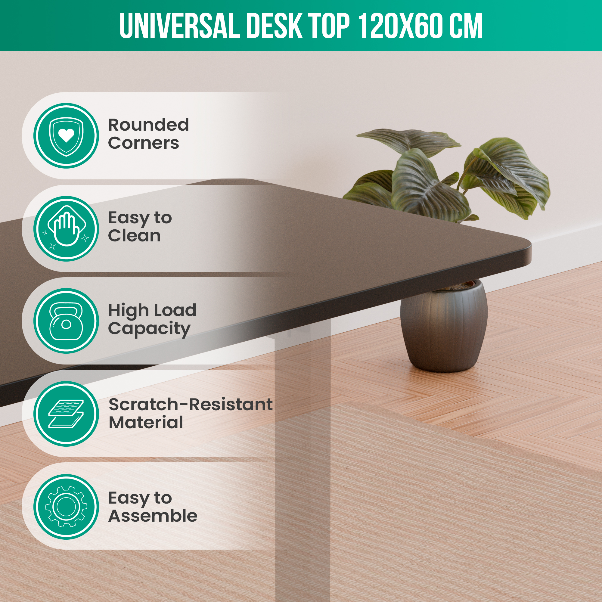 Universeel bureaublad 120x60cm met afgeronde hoeken, makkelijk schoon te maken, hoge belastbaarheid.