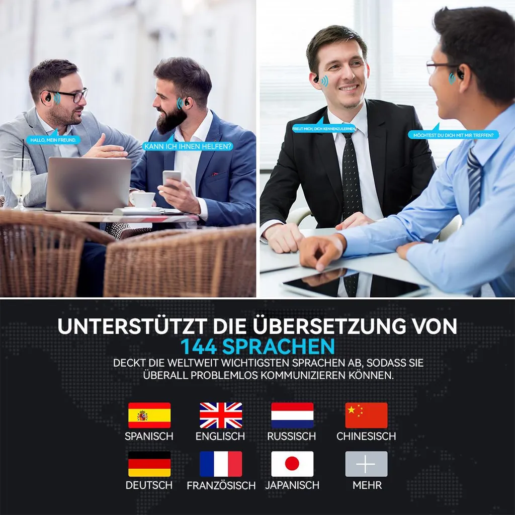 Männer nutzen Kopfhörer für Sprachübersetzung, unterstützt 144 Sprachen.