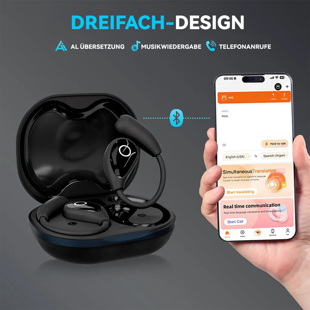 Schwarze Ohrhörer mit Ladecase und Smartphone, das Echtzeit-Übersetzung zeigt.