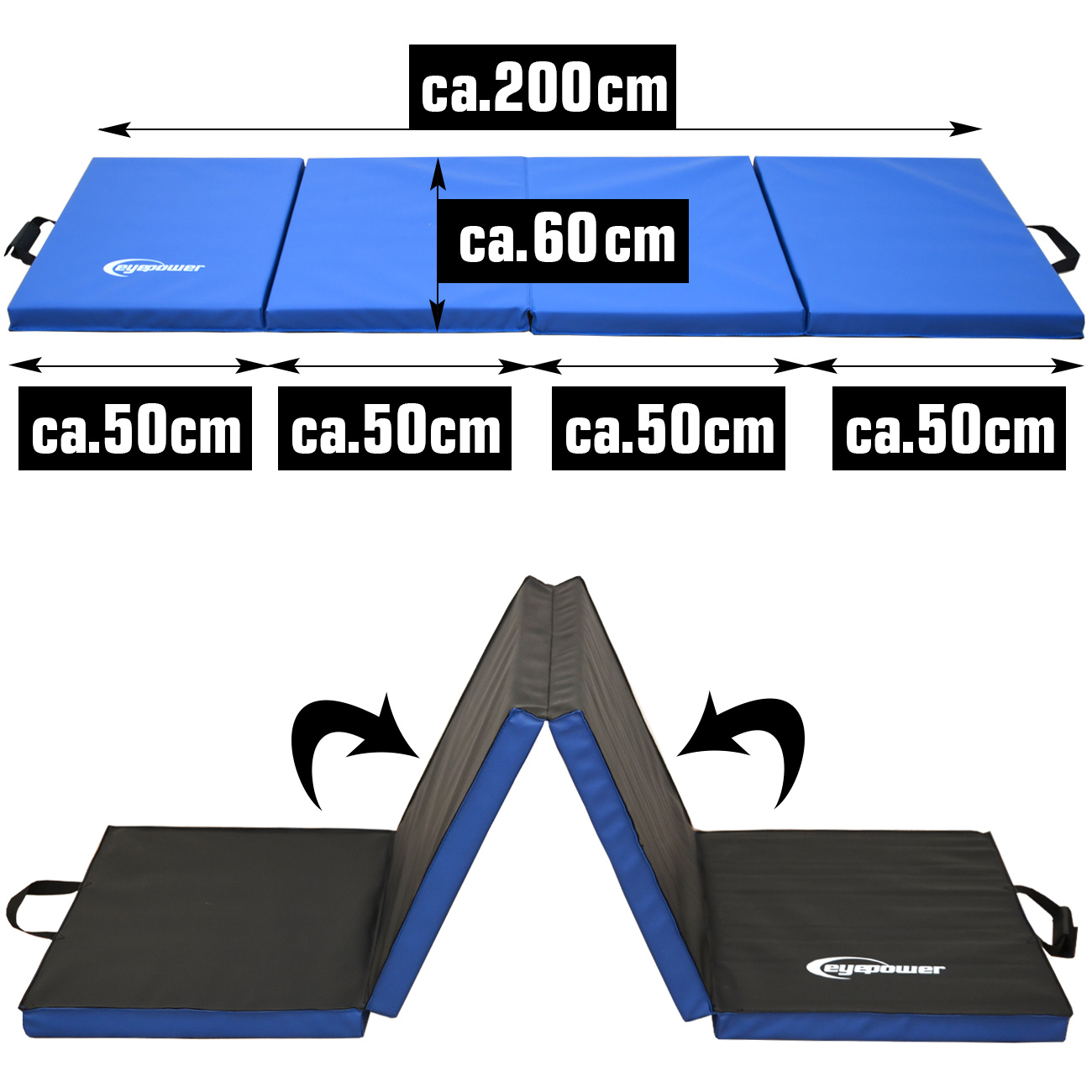 Blaue und schwarze Faltmatte. Maße: 200cm x 60cm. Jedes Segment 50cm.